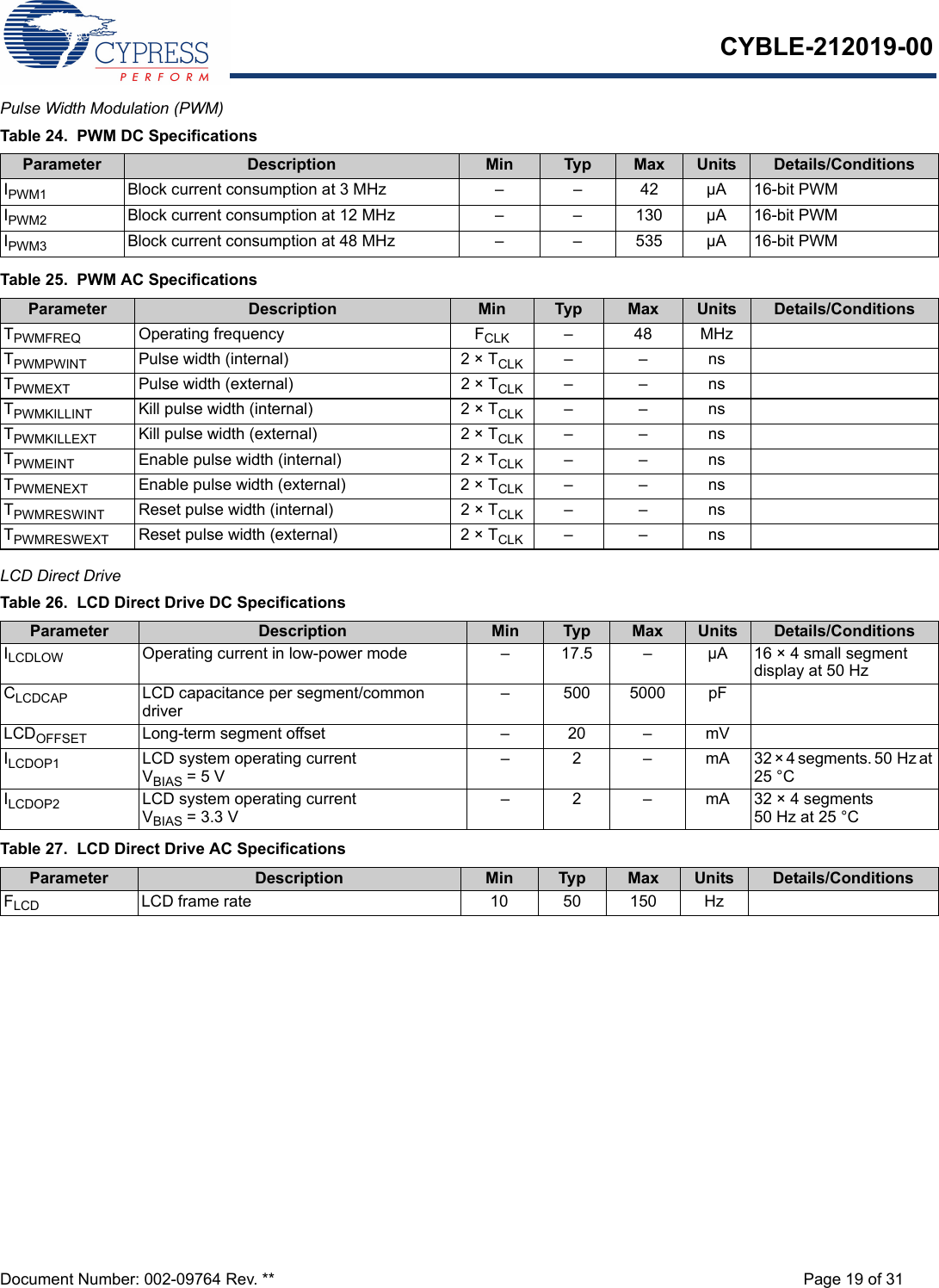 CYBLE-212019-00Document Number: 002-09764 Rev. ** Page 19 of 31Pulse Width Modulation (PWM)  LCD Direct Drive    Table 24.  PWM DC SpecificationsParameter Description Min Typ Max Units Details/ConditionsIPWM1 Block current consumption at 3 MHz – – 42 µA 16-bit PWMIPWM2 Block current consumption at 12 MHz – – 130 µA 16-bit PWMIPWM3 Block current consumption at 48 MHz – – 535 µA 16-bit PWMTable 25.  PWM AC SpecificationsParameter Description Min Typ Max Units Details/ConditionsTPWMFREQ Operating frequency FCLK –48MHzTPWMPWINT Pulse width (internal) 2 × TCLK ––nsTPWMEXT Pulse width (external) 2 × TCLK ––nsTPWMKILLINT Kill pulse width (internal) 2 × TCLK ––nsTPWMKILLEXT Kill pulse width (external) 2 × TCLK ––nsTPWMEINT Enable pulse width (internal) 2 × TCLK ––nsTPWMENEXT Enable pulse width (external) 2 × TCLK ––nsTPWMRESWINT Reset pulse width (internal) 2 × TCLK ––nsTPWMRESWEXT Reset pulse width (external) 2 × TCLK ––nsTable 26.  LCD Direct Drive DC SpecificationsParameter Description Min Typ Max Units Details/ConditionsILCDLOW Operating current in low-power mode – 17.5 – µA 16 × 4 small segment display at 50 HzCLCDCAP LCD capacitance per segment/common driver– 500 5000 pFLCDOFFSET Long-term segment offset – 20 – mVILCDOP1 LCD system operating currentVBIAS = 5 V – 2 – mA 32 × 4 segments. 50 Hz at 25 °CILCDOP2 LCD system operating currentVBIAS = 3.3 V– 2 – mA 32 × 4 segments50 Hz at 25 °CTable 27.  LCD Direct Drive AC SpecificationsParameter Description Min Typ Max Units Details/ConditionsFLCD LCD frame rate 10 50 150 Hz