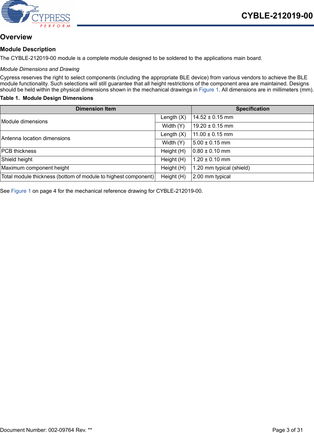 CYBLE-212019-00Document Number: 002-09764 Rev. ** Page 3 of 31OverviewModule DescriptionThe CYBLE-212019-00 module is a complete module designed to be soldered to the applications main board. Module Dimensions and DrawingCypress reserves the right to select components (including the appropriate BLE device) from various vendors to achieve the BLE module functionality. Such selections will still guarantee that all height restrictions of the component area are maintained. Designs should be held within the physical dimensions shown in the mechanical drawings in Figure 1. All dimensions are in millimeters (mm).Table 1.  Module Design DimensionsSee Figure 1 on page 4 for the mechanical reference drawing for CYBLE-212019-00.Dimension Item SpecificationModule dimensions Length (X) 14.52 ± 0.15 mmWidth (Y) 19.20 ± 0.15 mmAntenna location dimensions Length (X) 11.00 ± 0.15 mmWidth (Y) 5.00 ± 0.15 mmPCB thickness Height (H) 0.80 ± 0.10 mmShield height Height (H) 1.20 ± 0.10 mmMaximum component height Height (H) 1.20 mm typical (shield) Total module thickness (bottom of module to highest component) Height (H) 2.00 mm typical 