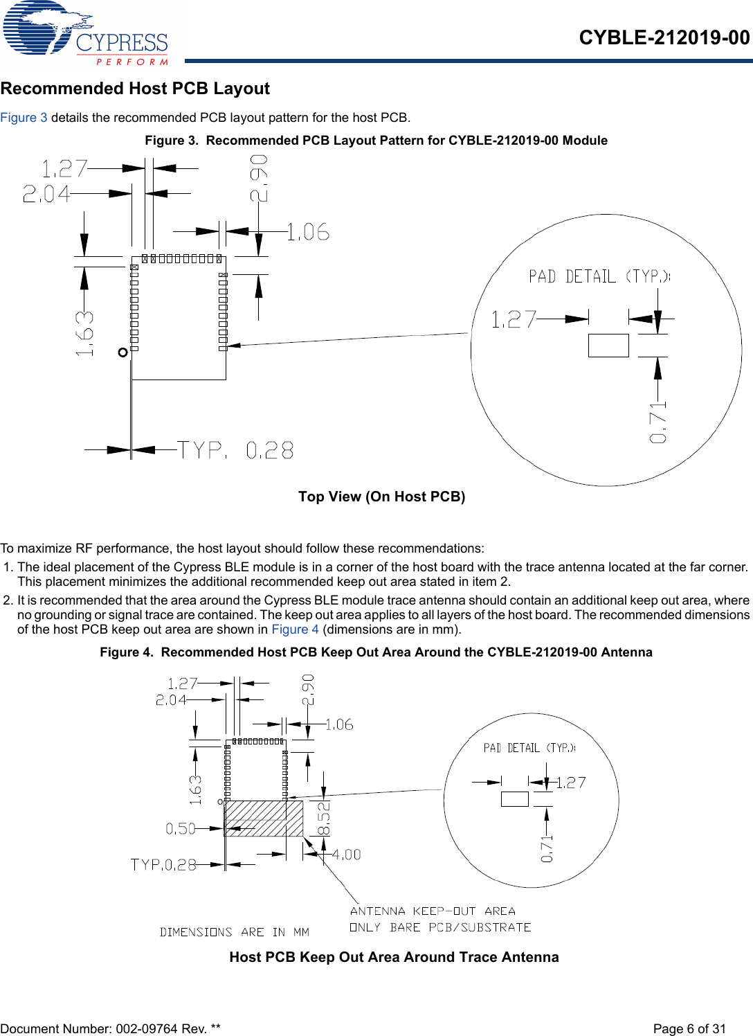 CYBLE-212019-00Document Number: 002-09764 Rev. ** Page 6 of 31Recommended Host PCB LayoutFigure 3 details the recommended PCB layout pattern for the host PCB.Figure 3.  Recommended PCB Layout Pattern for CYBLE-212019-00 ModuleTo maximize RF performance, the host layout should follow these recommendations:1. The ideal placement of the Cypress BLE module is in a corner of the host board with the trace antenna located at the far corner. This placement minimizes the additional recommended keep out area stated in item 2. 2. It is recommended that the area around the Cypress BLE module trace antenna should contain an additional keep out area, where no grounding or signal trace are contained. The keep out area applies to all layers of the host board. The recommended dimensions of the host PCB keep out area are shown in Figure 4 (dimensions are in mm). Figure 4.  Recommended Host PCB Keep Out Area Around the CYBLE-212019-00 AntennaTop View (On Host PCB)Host PCB Keep Out Area Around Trace Antenna