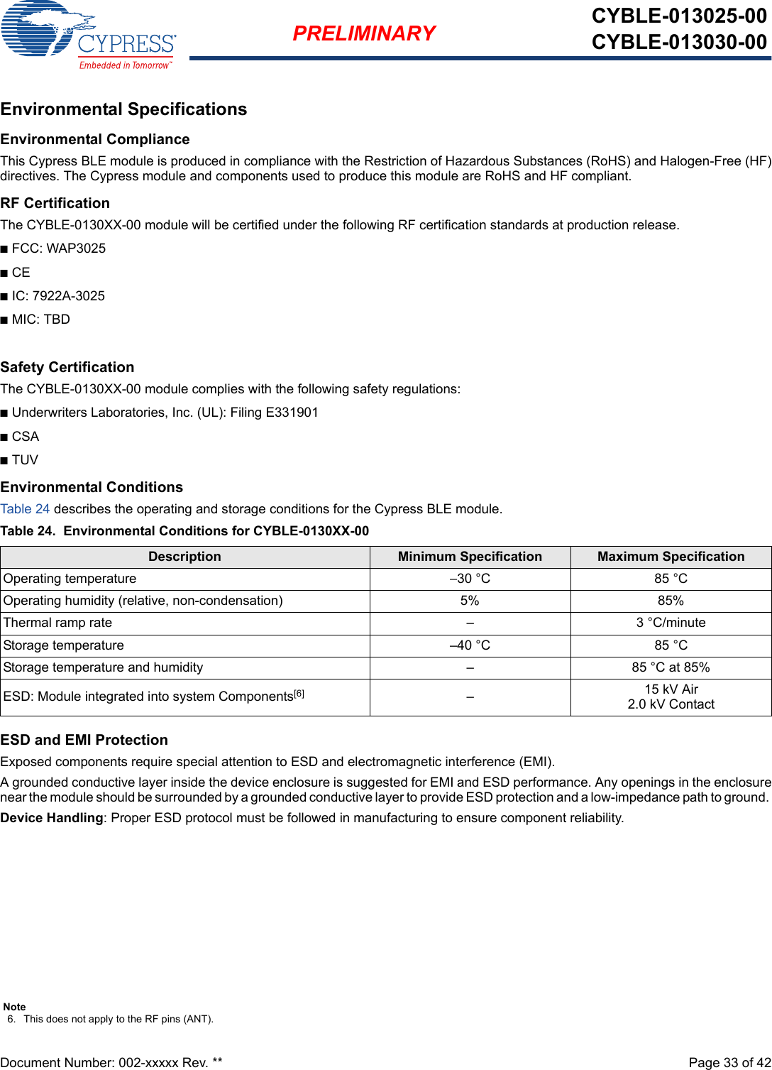 Document Number: 002-xxxxx Rev. **  Page 33 of 42PRELIMINARY CYBLE-013025-00CYBLE-013030-00Environmental SpecificationsEnvironmental ComplianceThis Cypress BLE module is produced in compliance with the Restriction of Hazardous Substances (RoHS) and Halogen-Free (HF)directives. The Cypress module and components used to produce this module are RoHS and HF compliant.RF CertificationThe CYBLE-0130XX-00 module will be certified under the following RF certification standards at production release.nFCC: WAP3025nCEnIC: 7922A-3025nMIC: TBDSafety CertificationThe CYBLE-0130XX-00 module complies with the following safety regulations:nUnderwriters Laboratories, Inc. (UL): Filing E331901nCSAnTUVEnvironmental ConditionsTab l e 24 describes the operating and storage conditions for the Cypress BLE module.ESD and EMI ProtectionExposed components require special attention to ESD and electromagnetic interference (EMI).A grounded conductive layer inside the device enclosure is suggested for EMI and ESD performance. Any openings in the enclosurenear the module should be surrounded by a grounded conductive layer to provide ESD protection and a low-impedance path to ground. Device Handling: Proper ESD protocol must be followed in manufacturing to ensure component reliability.Table 24. Environmental Conditions for CYBLE-0130XX-00Description Minimum Specification Maximum SpecificationOperating temperature −30 °C 85 °COperating humidity (relative, non-condensation) 5% 85%Thermal ramp rate – 3 °C/minuteStorage temperature –40 °C 85 °CStorage temperature and humidity – 85 °C at 85%ESD: Module integrated into system Components[6] –15 kV Air2.0 kV ContactNote6. This does not apply to the RF pins (ANT). 