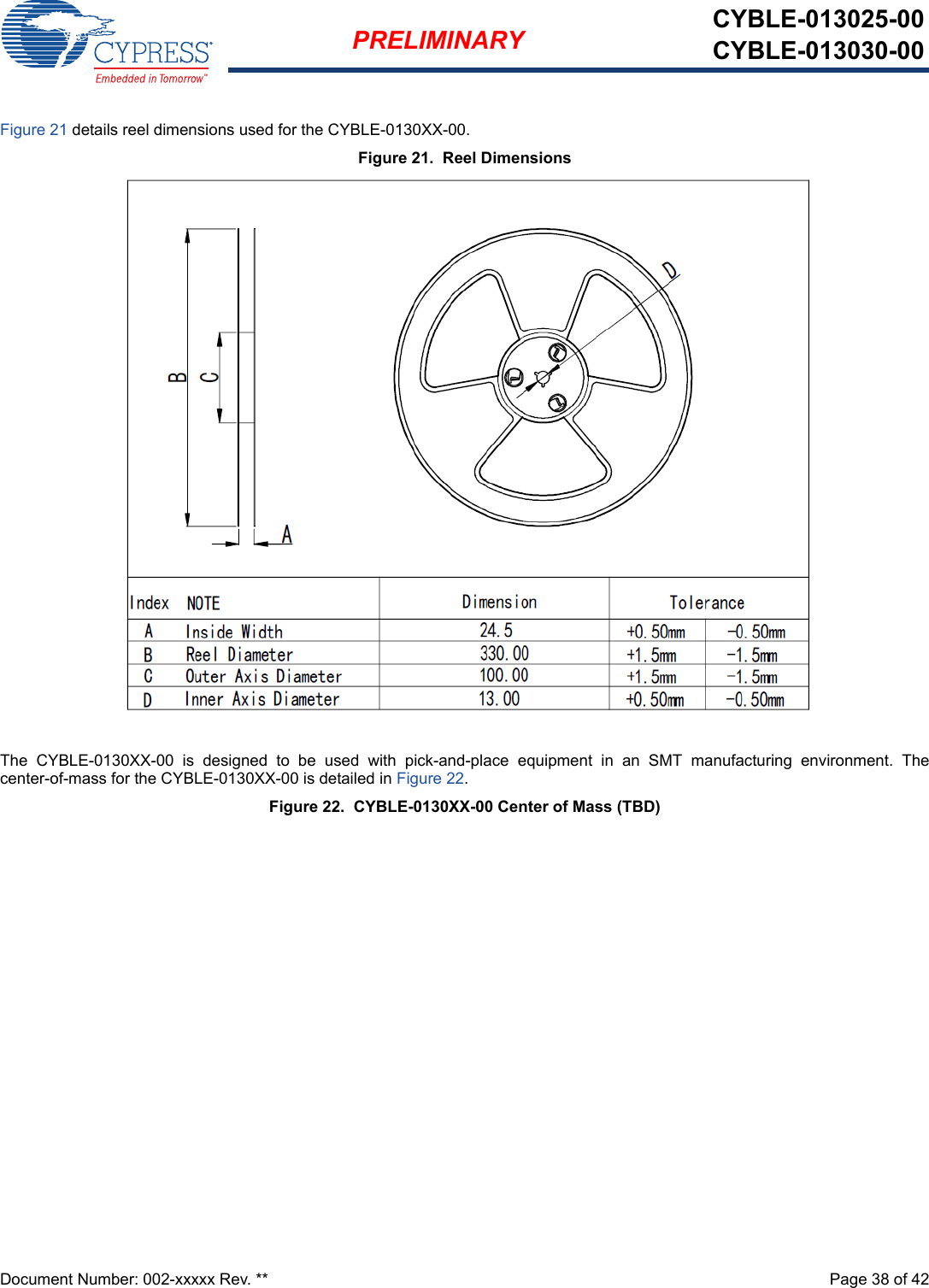 Document Number: 002-xxxxx Rev. **  Page 38 of 42PRELIMINARY CYBLE-013025-00CYBLE-013030-00Figure 21 details reel dimensions used for the CYBLE-0130XX-00.Figure 21.  Reel DimensionsThe  CYBLE-0130XX-00  is  designed  to  be  used  with  pick-and-place  equipment  in  an  SMT  manufacturing  environment.  Thecenter-of-mass for the CYBLE-0130XX-00 is detailed in Figure 22.Figure 22.  CYBLE-0130XX-00 Center of Mass (TBD)