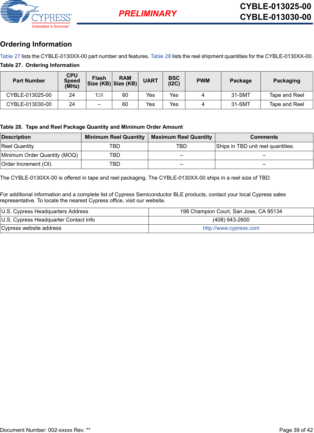 Document Number: 002-xxxxx Rev. **  Page 39 of 42PRELIMINARY CYBLE-013025-00CYBLE-013030-00Ordering InformationTab l e 27 lists the CYBLE-0130XX-00 part number and features. Tab le 28 lists the reel shipment quantities for the CYBLE-0130XX-00.The CYBLE-0130XX-00 is offered in tape and reel packaging. The CYBLE-0130XX-00 ships in a reel size of TBD. For additional information and a complete list of Cypress Semiconductor BLE products, contact your local Cypress sales representative. To locate the nearest Cypress office, visit our website.Table 27.  Ordering InformationPart NumberCPU Speed (MHz)Flash Size (KB)RAM Size (KB) UART BSC (I2C) PWM Package PackagingCYBLE-013025-00 24 128 60 Yes Yes 4 31-SMT  Tape and ReelCYBLE-013030-00 24 – 60 Yes Yes 4 31-SMT  Tape and ReelTable 28.  Tape and Reel Package Quantity and Minimum Order AmountDescription Minimum Reel Quantity Maximum Reel Quantity CommentsReel Quantity TBD TBD Ships in TBD unit reel quantities. Minimum Order Quantity (MOQ) TBD – –Order Increment (OI) TBD – –U.S. Cypress Headquarters Address 198 Champion Court, San Jose, CA 95134U.S. Cypress Headquarter Contact Info (408) 943-2600Cypress website address http://www.cypress.com