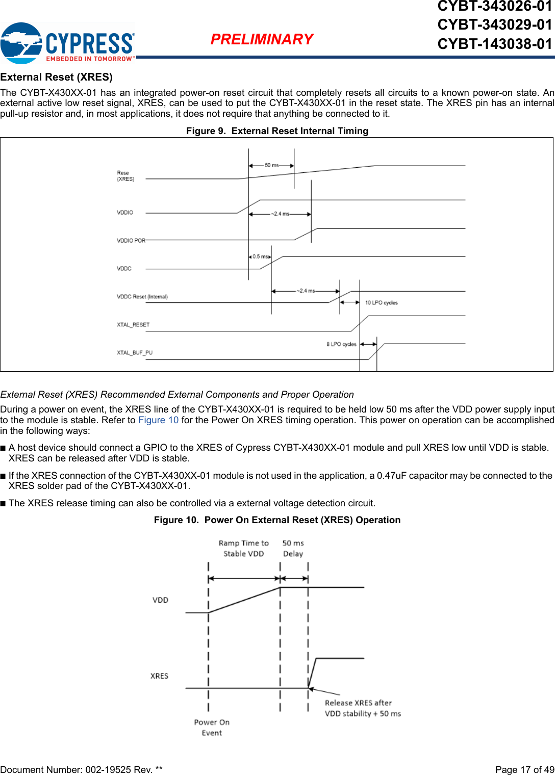 Document Number: 002-19525 Rev. **  Page 17 of 49PRELIMINARYCYBT-343026-01CYBT-343029-01CYBT-143038-01External Reset (XRES)The CYBT-X430XX-01 has an integrated power-on reset circuit that completely resets all circuits to a known power-on state. Anexternal active low reset signal, XRES, can be used to put the CYBT-X430XX-01 in the reset state. The XRES pin has an internalpull-up resistor and, in most applications, it does not require that anything be connected to it. Figure 9.  External Reset Internal TimingExternal Reset (XRES) Recommended External Components and Proper OperationDuring a power on event, the XRES line of the CYBT-X430XX-01 is required to be held low 50 ms after the VDD power supply inputto the module is stable. Refer to Figure 10 for the Power On XRES timing operation. This power on operation can be accomplishedin the following ways: nA host device should connect a GPIO to the XRES of Cypress CYBT-X430XX-01 module and pull XRES low until VDD is stable. XRES can be released after VDD is stable.nIf the XRES connection of the CYBT-X430XX-01 module is not used in the application, a 0.47uF capacitor may be connected to the XRES solder pad of the CYBT-X430XX-01. nThe XRES release timing can also be controlled via a external voltage detection circuit.Figure 10.  Power On External Reset (XRES) Operation