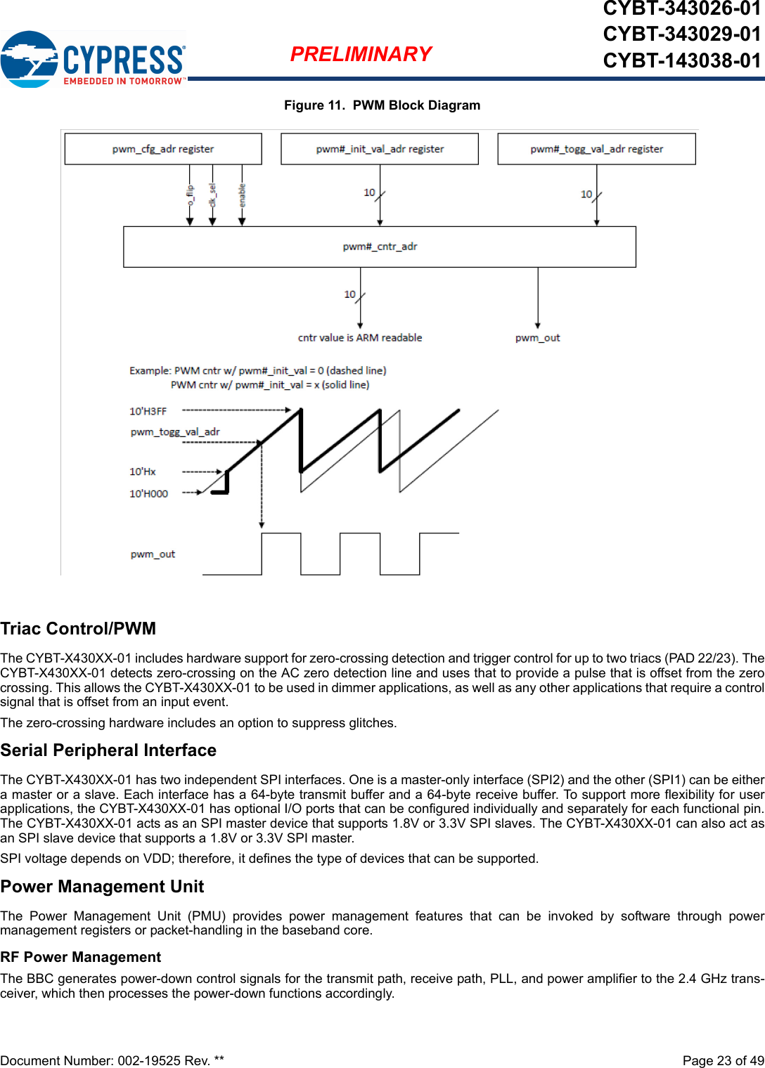 Document Number: 002-19525 Rev. **  Page 23 of 49PRELIMINARYCYBT-343026-01CYBT-343029-01CYBT-143038-01Figure 11.  PWM Block DiagramTriac Control/PWMThe CYBT-X430XX-01 includes hardware support for zero-crossing detection and trigger control for up to two triacs (PAD 22/23). TheCYBT-X430XX-01 detects zero-crossing on the AC zero detection line and uses that to provide a pulse that is offset from the zerocrossing. This allows the CYBT-X430XX-01 to be used in dimmer applications, as well as any other applications that require a controlsignal that is offset from an input event.The zero-crossing hardware includes an option to suppress glitches.Serial Peripheral InterfaceThe CYBT-X430XX-01 has two independent SPI interfaces. One is a master-only interface (SPI2) and the other (SPI1) can be eithera master or a slave. Each interface has a 64-byte transmit buffer and a 64-byte receive buffer. To support more flexibility for userapplications, the CYBT-X430XX-01 has optional I/O ports that can be configured individually and separately for each functional pin.The CYBT-X430XX-01 acts as an SPI master device that supports 1.8V or 3.3V SPI slaves. The CYBT-X430XX-01 can also act asan SPI slave device that supports a 1.8V or 3.3V SPI master.SPI voltage depends on VDD; therefore, it defines the type of devices that can be supported.Power Management UnitThe  Power  Management  Unit  (PMU)  provides  power  management  features  that  can  be  invoked  by  software  through  powermanagement registers or packet-handling in the baseband core.RF Power ManagementThe BBC generates power-down control signals for the transmit path, receive path, PLL, and power amplifier to the 2.4 GHz trans-ceiver, which then processes the power-down functions accordingly.