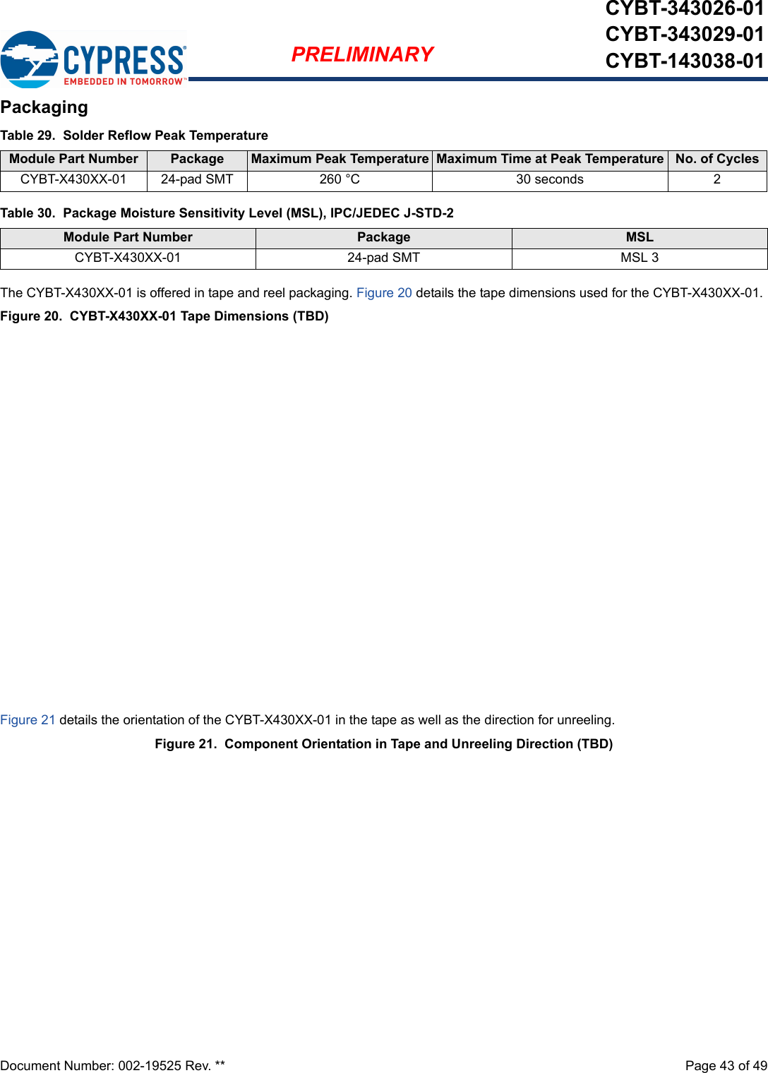 Document Number: 002-19525 Rev. **  Page 43 of 49PRELIMINARYCYBT-343026-01CYBT-343029-01CYBT-143038-01PackagingThe CYBT-X430XX-01 is offered in tape and reel packaging. Figure 20 details the tape dimensions used for the CYBT-X430XX-01.Figure 20.  CYBT-X430XX-01 Tape Dimensions (TBD)Figure 21 details the orientation of the CYBT-X430XX-01 in the tape as well as the direction for unreeling.Figure 21.  Component Orientation in Tape and Unreeling Direction (TBD)Table 29.  Solder Reflow Peak TemperatureModule Part Number Package  Maximum Peak Temperature Maximum Time at Peak Temperature No. of CyclesCYBT-X430XX-01 24-pad SMT 260 °C 30 seconds 2Table 30.  Package Moisture Sensitivity Level (MSL), IPC/JEDEC J-STD-2Module Part Number Package  MSL CYBT-X430XX-01 24-pad SMT MSL 3