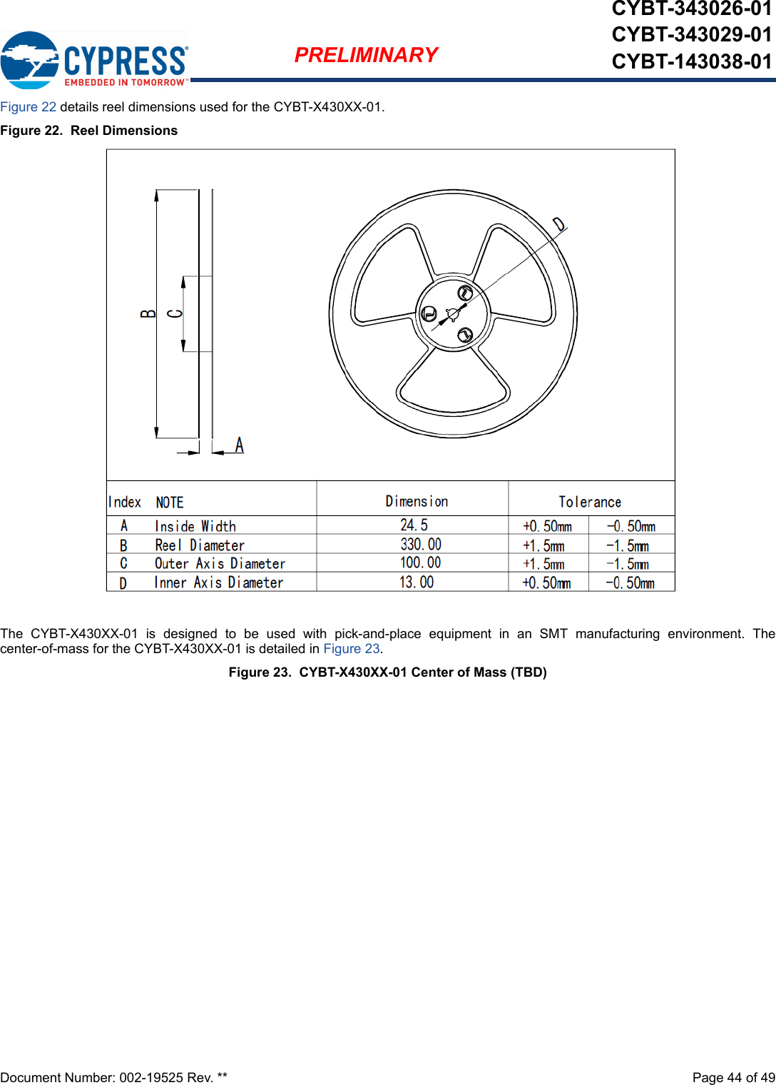 Document Number: 002-19525 Rev. **  Page 44 of 49PRELIMINARYCYBT-343026-01CYBT-343029-01CYBT-143038-01Figure 22 details reel dimensions used for the CYBT-X430XX-01.Figure 22.  Reel DimensionsThe  CYBT-X430XX-01  is  designed  to  be  used  with  pick-and-place  equipment  in  an  SMT  manufacturing  environment.  Thecenter-of-mass for the CYBT-X430XX-01 is detailed in Figure 23.Figure 23.  CYBT-X430XX-01 Center of Mass (TBD)