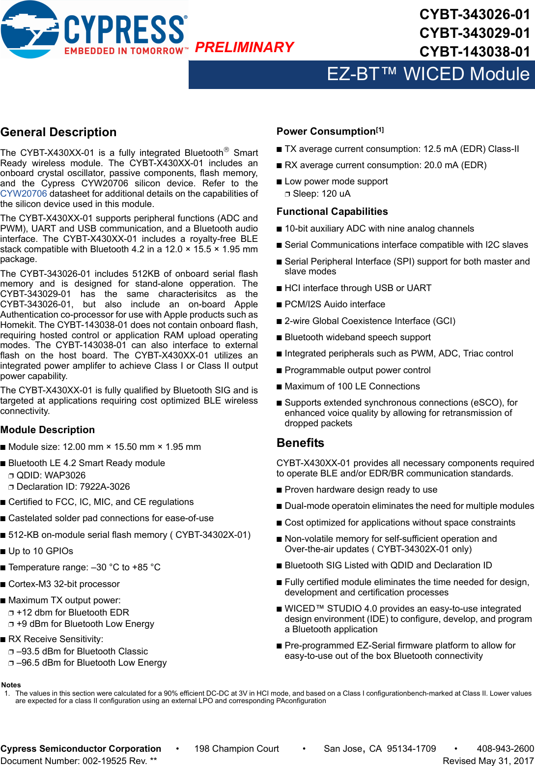 Cypress Semiconductor 3026 Bluetooth wireless EZBT Module User Manual