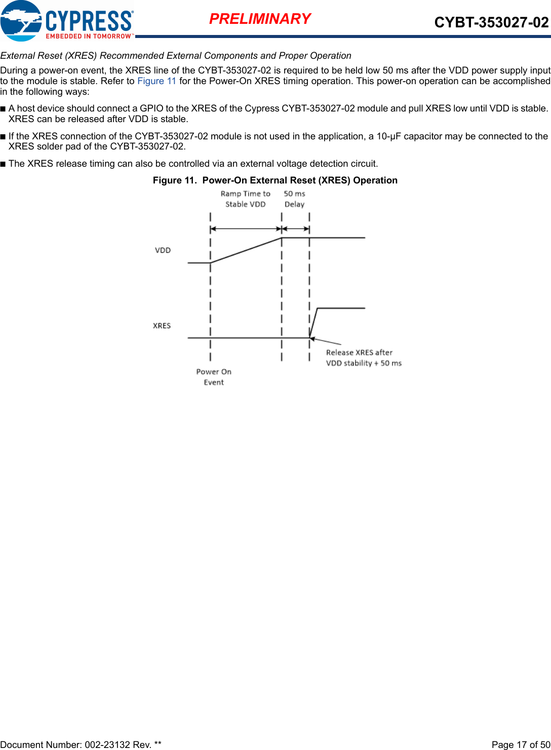 Document Number: 002-23132 Rev. **  Page 17 of 50PRELIMINARY CYBT-353027-02External Reset (XRES) Recommended External Components and Proper OperationDuring a power-on event, the XRES line of the CYBT-353027-02 is required to be held low 50 ms after the VDD power supply inputto the module is stable. Refer to Figure 11 for the Power-On XRES timing operation. This power-on operation can be accomplishedin the following ways: nA host device should connect a GPIO to the XRES of the Cypress CYBT-353027-02 module and pull XRES low until VDD is stable. XRES can be released after VDD is stable.nIf the XRES connection of the CYBT-353027-02 module is not used in the application, a 10-µF capacitor may be connected to the XRES solder pad of the CYBT-353027-02. nThe XRES release timing can also be controlled via an external voltage detection circuit.Figure 11.  Power-On External Reset (XRES) Operation