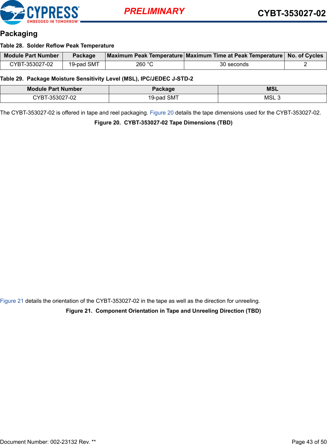 Document Number: 002-23132 Rev. **  Page 43 of 50PRELIMINARY CYBT-353027-02PackagingThe CYBT-353027-02 is offered in tape and reel packaging. Figure 20 details the tape dimensions used for the CYBT-353027-02.Figure 20.  CYBT-353027-02 Tape Dimensions (TBD) Figure 21 details the orientation of the CYBT-353027-02 in the tape as well as the direction for unreeling.Figure 21.  Component Orientation in Tape and Unreeling Direction (TBD) Table 28.  Solder Reflow Peak TemperatureModule Part Number Package  Maximum Peak Temperature Maximum Time at Peak Temperature No. of CyclesCYBT-353027-02 19-pad SMT 260 °C 30 seconds 2Table 29.  Package Moisture Sensitivity Level (MSL), IPC/JEDEC J-STD-2Module Part Number Package  MSL CYBT-353027-02 19-pad SMT MSL 3