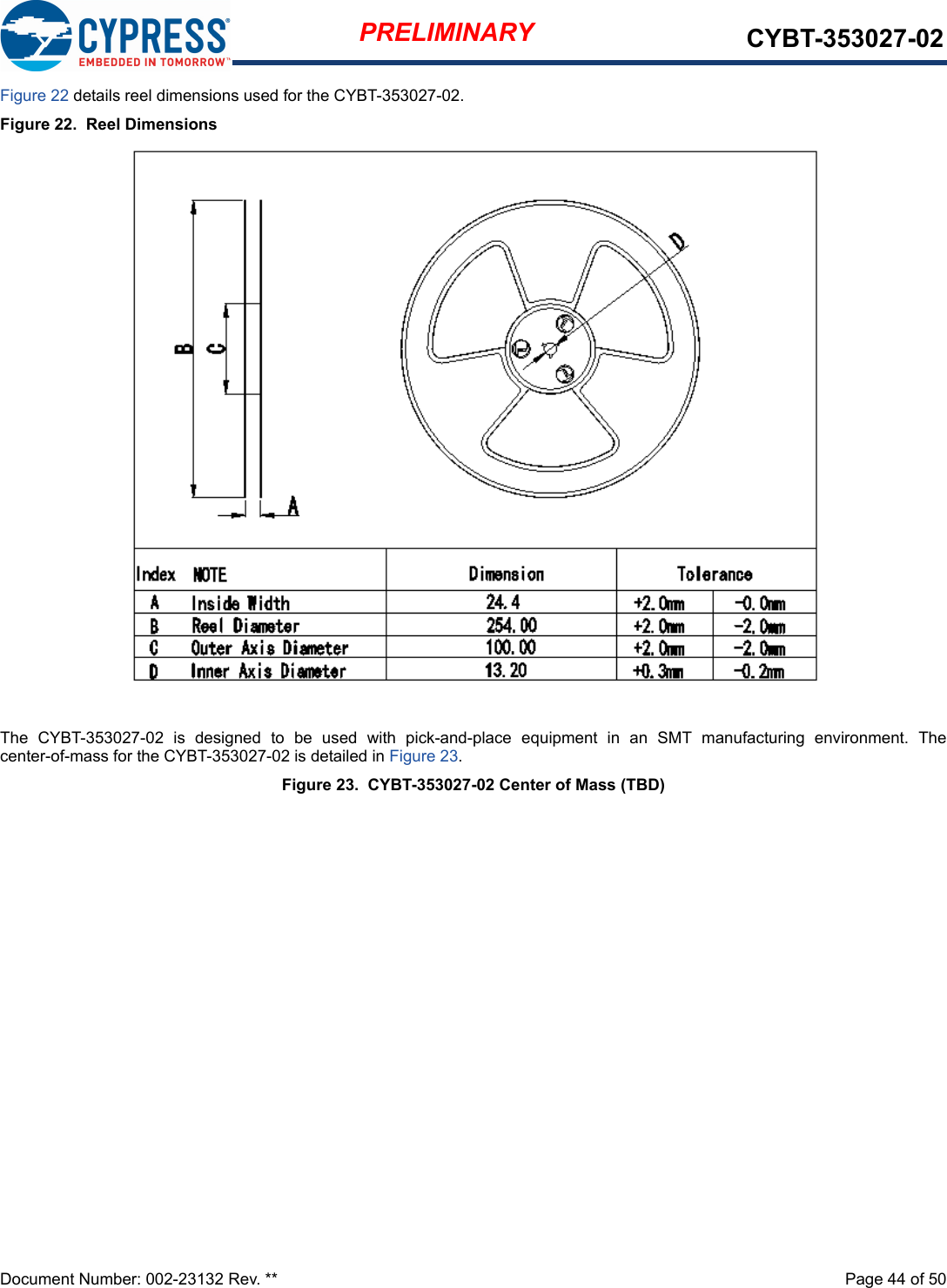 Document Number: 002-23132 Rev. **  Page 44 of 50PRELIMINARY CYBT-353027-02Figure 22 details reel dimensions used for the CYBT-353027-02.Figure 22.  Reel DimensionsThe  CYBT-353027-02  is  designed  to  be  used  with  pick-and-place  equipment  in  an  SMT  manufacturing  environment.  Thecenter-of-mass for the CYBT-353027-02 is detailed in Figure 23.Figure 23.  CYBT-353027-02 Center of Mass (TBD) 