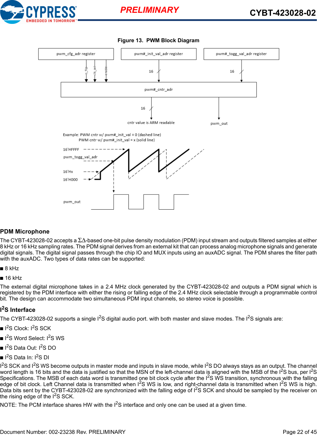 Document Number: 002-23238 Rev. PRELIMINARY  Page 22 of 45PRELIMINARY CYBT-423028-02Figure 13.  PWM Block DiagramPDM MicrophoneThe CYBT-423028-02 accepts a ΣΔ-based one-bit pulse density modulation (PDM) input stream and outputs filtered samples at either8 kHz or 16 kHz sampling rates. The PDM signal derives from an external kit that can process analog microphone signals and generatedigital signals. The digital signal passes through the chip IO and MUX inputs using an auxADC signal. The PDM shares the filter pathwith the auxADC. Two types of data rates can be supported:n8 kHzn16 kHzThe external digital microphone takes in a 2.4 MHz clock generated by the CYBT-423028-02 and outputs a PDM signal which isregistered by the PDM interface with either the rising or falling edge of the 2.4 MHz clock selectable through a programmable controlbit. The design can accommodate two simultaneous PDM input channels, so stereo voice is possible. I2S InterfaceThe CYBT-423028-02 supports a single I2S digital audio port. with both master and slave modes. The I2S signals are:nI2S Clock: I2S SCKnI2S Word Select: I2S WSnI2S Data Out: I2S DOnI2S Data In: I2S DII2S SCK and I2S WS become outputs in master mode and inputs in slave mode, while I2S DO always stays as an output. The channelword length is 16 bits and the data is justified so that the MSN of the left-channel data is aligned with the MSB of the I2S bus, per I2SSpecifications. The MSB of each data word is transmitted one bit clock cycle after the I2S WS transition, synchronous with the fallingedge of bit clock. Left Channel data is transmitted when I2S WS is low, and right-channel data is transmitted when I2S WS is high.Data bits sent by the CYBT-423028-02 are synchronized with the falling edge of I2S SCK and should be sampled by the receiver onthe rising edge of the I2S SCK.NOTE: The PCM interface shares HW with the I2S interface and only one can be used at a given time. 