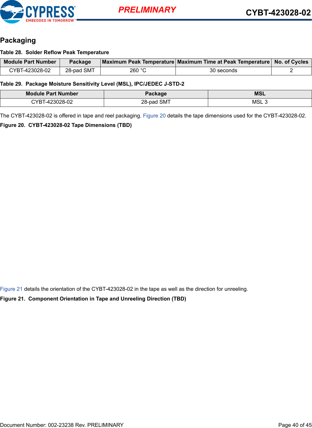 Document Number: 002-23238 Rev. PRELIMINARY  Page 40 of 45PRELIMINARY CYBT-423028-02PackagingThe CYBT-423028-02 is offered in tape and reel packaging. Figure 20 details the tape dimensions used for the CYBT-423028-02.Figure 20.  CYBT-423028-02 Tape Dimensions (TBD)Figure 21 details the orientation of the CYBT-423028-02 in the tape as well as the direction for unreeling.Figure 21.  Component Orientation in Tape and Unreeling Direction (TBD)Table 28.  Solder Reflow Peak TemperatureModule Part Number Package  Maximum Peak Temperature Maximum Time at Peak Temperature No. of CyclesCYBT-423028-02 28-pad SMT 260 °C 30 seconds 2Table 29.  Package Moisture Sensitivity Level (MSL), IPC/JEDEC J-STD-2Module Part Number Package  MSL CYBT-423028-02 28-pad SMT MSL 3
