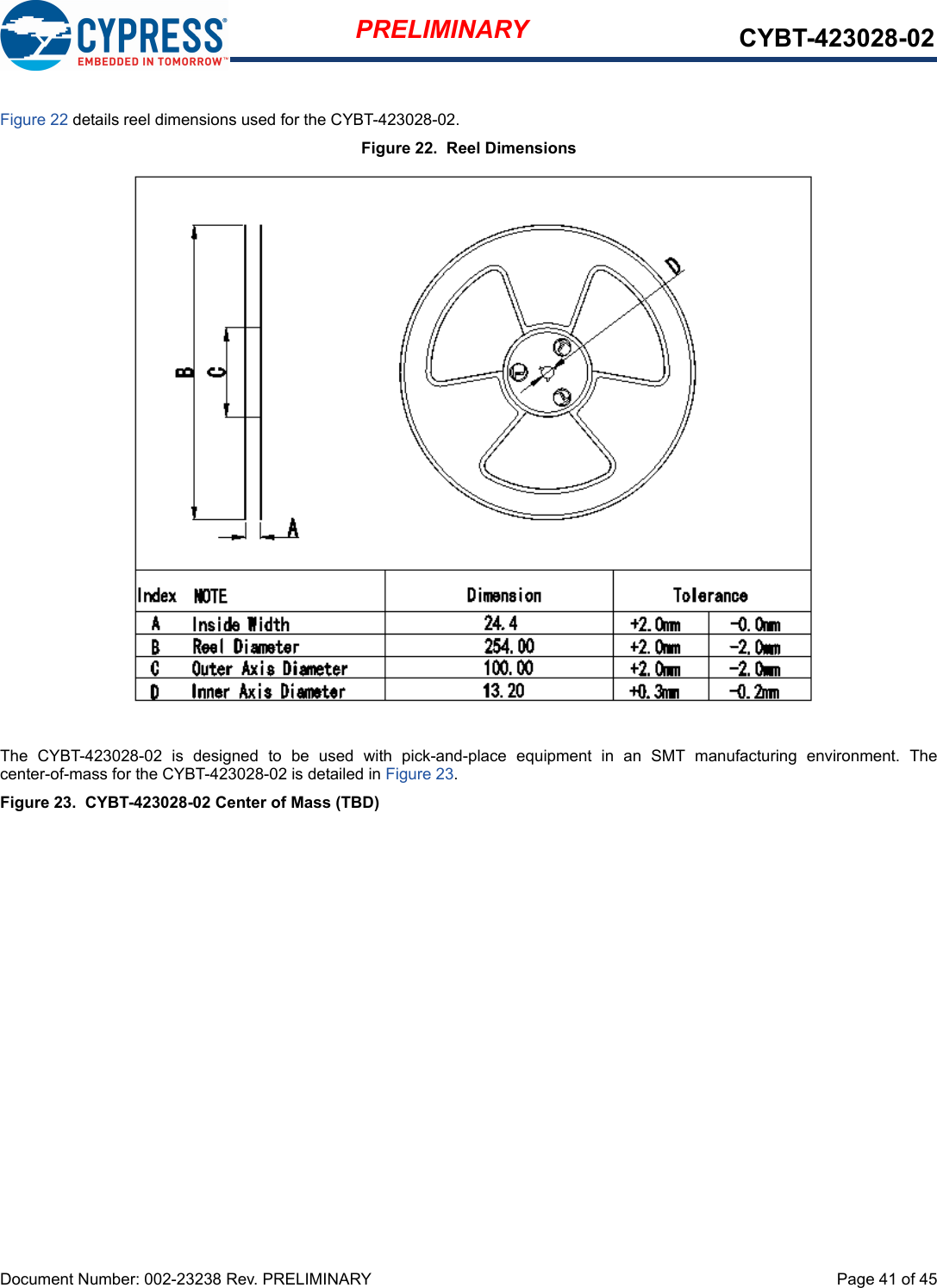 Document Number: 002-23238 Rev. PRELIMINARY  Page 41 of 45PRELIMINARY CYBT-423028-02Figure 22 details reel dimensions used for the CYBT-423028-02.Figure 22.  Reel DimensionsThe  CYBT-423028-02  is  designed  to  be  used  with  pick-and-place  equipment  in  an  SMT  manufacturing  environment.  Thecenter-of-mass for the CYBT-423028-02 is detailed in Figure 23.Figure 23.  CYBT-423028-02 Center of Mass (TBD)