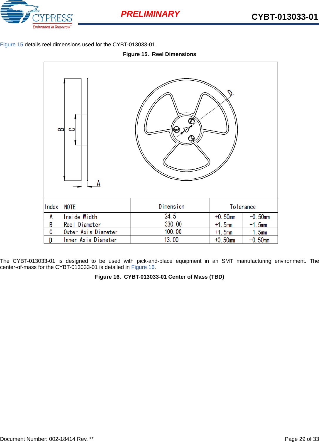 Document Number: 002-18414 Rev. **  Page 29 of 33PRELIMINARY CYBT-013033-01Figure 15 details reel dimensions used for the CYBT-013033-01.Figure 15.  Reel DimensionsThe CYBT-013033-01 is designed to be used with pick-and-place equipment in an SMT manufacturing environment. Thecenter-of-mass for the CYBT-013033-01 is detailed in Figure 16.Figure 16.  CYBT-013033-01 Center of Mass (TBD)