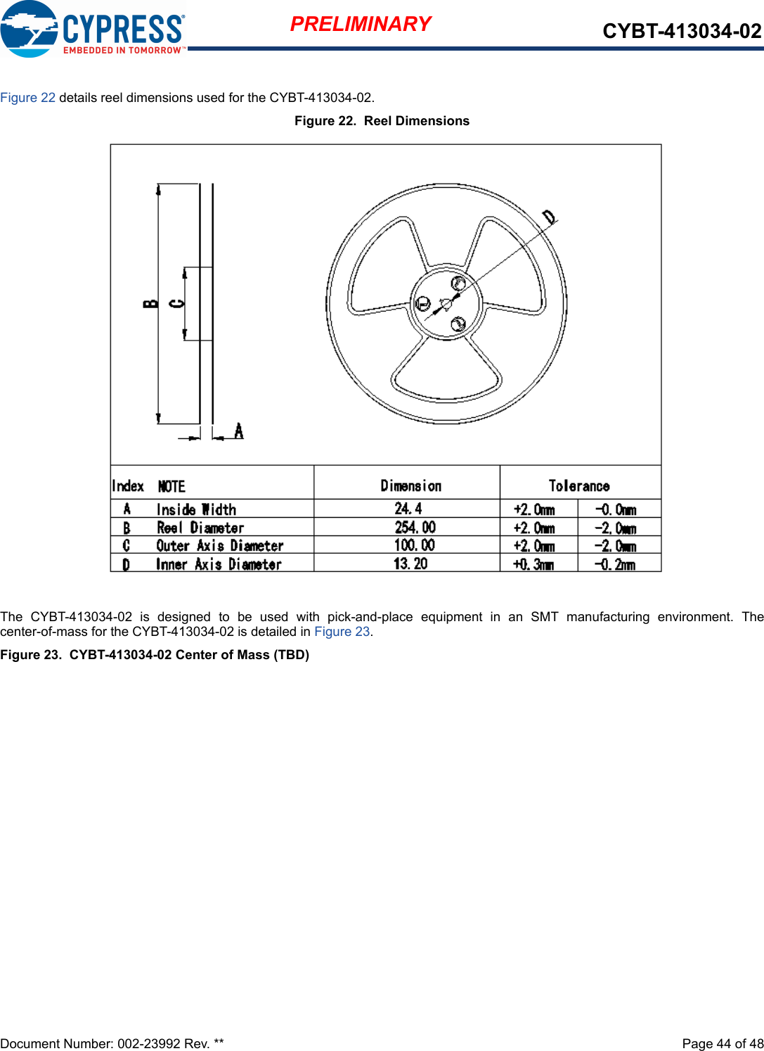 Document Number: 002-23992 Rev. **  Page 44 of 48PRELIMINARY CYBT-413034-02Figure 22 details reel dimensions used for the CYBT-413034-02.Figure 22.  Reel DimensionsThe  CYBT-413034-02  is  designed  to  be  used  with  pick-and-place  equipment  in  an  SMT  manufacturing  environment.  Thecenter-of-mass for the CYBT-413034-02 is detailed in Figure 23.Figure 23.  CYBT-413034-02 Center of Mass (TBD)