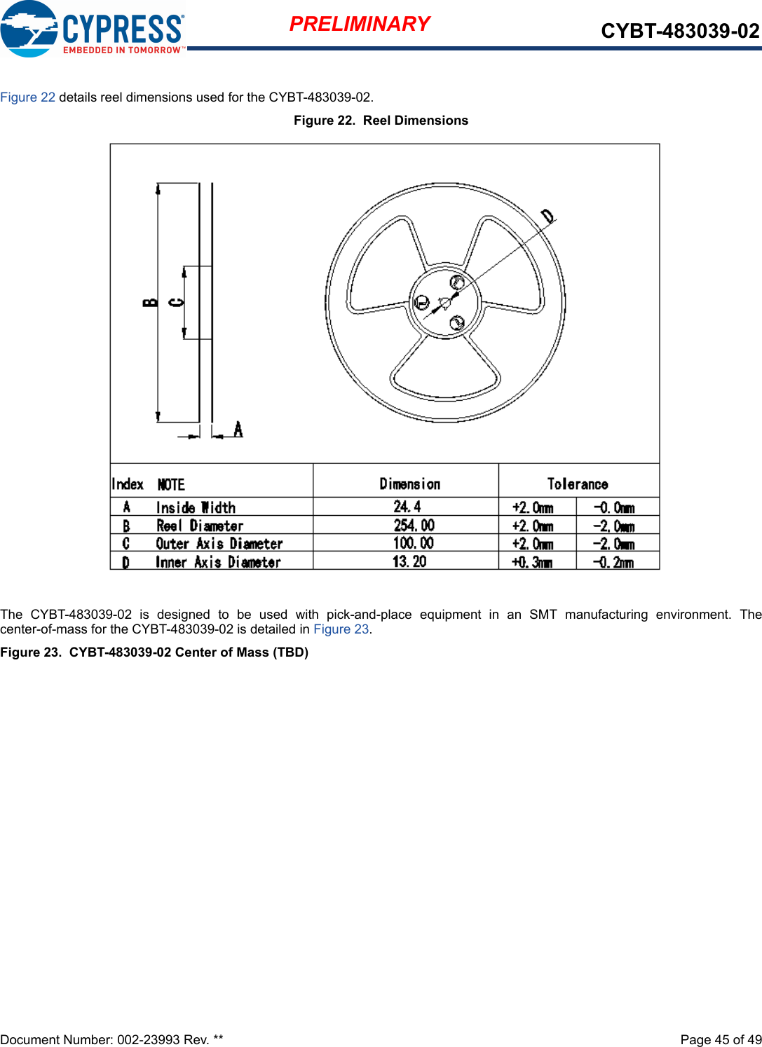 Document Number: 002-23993 Rev. **  Page 45 of 49PRELIMINARY CYBT-483039-02Figure 22 details reel dimensions used for the CYBT-483039-02.Figure 22.  Reel DimensionsThe  CYBT-483039-02  is  designed  to  be  used  with  pick-and-place  equipment  in  an  SMT  manufacturing  environment.  Thecenter-of-mass for the CYBT-483039-02 is detailed in Figure 23.Figure 23.  CYBT-483039-02 Center of Mass (TBD)