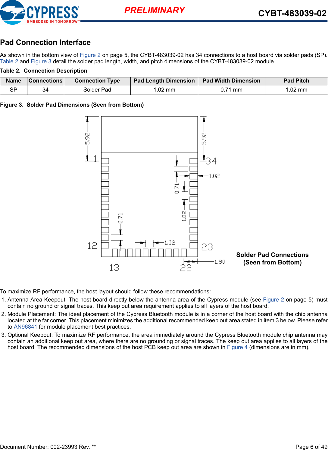 Document Number: 002-23993 Rev. **  Page 6 of 49PRELIMINARY CYBT-483039-02Pad Connection InterfaceAs shown in the bottom view of Figure 2 on page 5, the CYBT-483039-02 has 34 connections to a host board via solder pads (SP).Table 2 and Figure 3 detail the solder pad length, width, and pitch dimensions of the CYBT-483039-02 module. Figure 3.  Solder Pad Dimensions (Seen from Bottom)To maximize RF performance, the host layout should follow these recommendations:1. Antenna Area Keepout: The host board directly below the antenna area of the Cypress module (see Figure 2 on page 5) mustcontain no ground or signal traces. This keep out area requirement applies to all layers of the host board. 2. Module Placement: The ideal placement of the Cypress Bluetooth module is in a corner of the host board with the chip antennalocated at the far corner. This placement minimizes the additional recommended keep out area stated in item 3 below. Please referto AN96841 for module placement best practices.3. Optional Keepout: To maximize RF performance, the area immediately around the Cypress Bluetooth module chip antenna maycontain an additional keep out area, where there are no grounding or signal traces. The keep out area applies to all layers of thehost board. The recommended dimensions of the host PCB keep out area are shown in Figure 4 (dimensions are in mm).Table 2.  Connection DescriptionName Connections Connection Type Pad Length Dimension Pad Width Dimension Pad PitchSP 34 Solder Pad 1.02 mm 0.71 mm 1.02 mmSolder Pad Connections (Seen from Bottom)