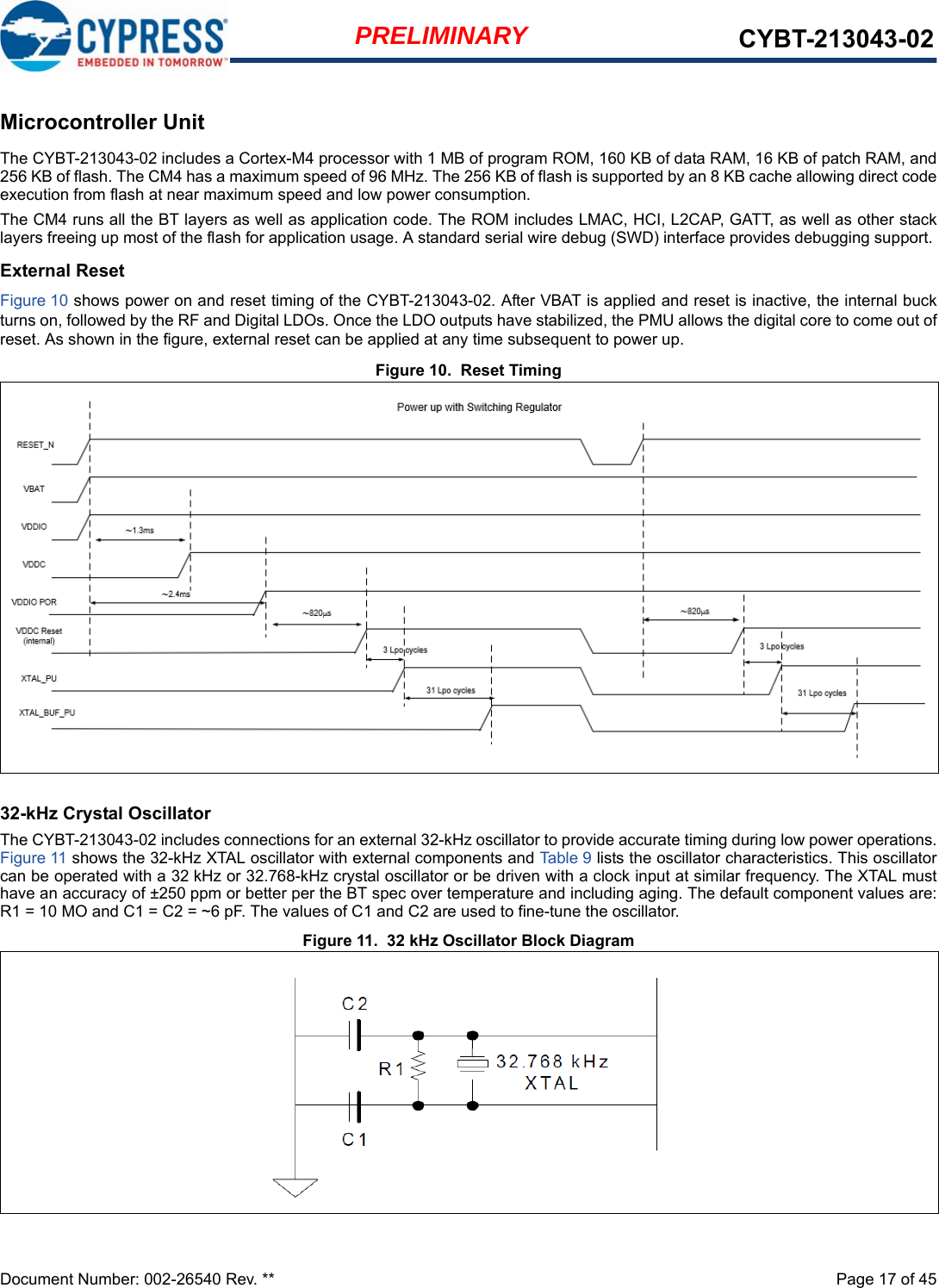 Document Number: 002-26540 Rev. **  Page 17 of 45PRELIMINARY CYBT-213043-02Microcontroller UnitThe CYBT-213043-02 includes a Cortex-M4 processor with 1 MB of program ROM, 160 KB of data RAM, 16 KB of patch RAM, and256 KB of flash. The CM4 has a maximum speed of 96 MHz. The 256 KB of flash is supported by an 8 KB cache allowing direct codeexecution from flash at near maximum speed and low power consumption.The CM4 runs all the BT layers as well as application code. The ROM includes LMAC, HCI, L2CAP, GATT, as well as other stacklayers freeing up most of the flash for application usage. A standard serial wire debug (SWD) interface provides debugging support. External ResetFigure 10 shows power on and reset timing of the CYBT-213043-02. After VBAT is applied and reset is inactive, the internal buckturns on, followed by the RF and Digital LDOs. Once the LDO outputs have stabilized, the PMU allows the digital core to come out ofreset. As shown in the figure, external reset can be applied at any time subsequent to power up.Figure 10.  Reset Timing32-kHz Crystal OscillatorThe CYBT-213043-02 includes connections for an external 32-kHz oscillator to provide accurate timing during low power operations.Figure 11 shows the 32-kHz XTAL oscillator with external components and Tab le 9 lists the oscillator characteristics. This oscillatorcan be operated with a 32 kHz or 32.768-kHz crystal oscillator or be driven with a clock input at similar frequency. The XTAL musthave an accuracy of ±250 ppm or better per the BT spec over temperature and including aging. The default component values are:R1 = 10 MO and C1 = C2 = ~6 pF. The values of C1 and C2 are used to fine-tune the oscillator.Figure 11.  32 kHz Oscillator Block Diagram