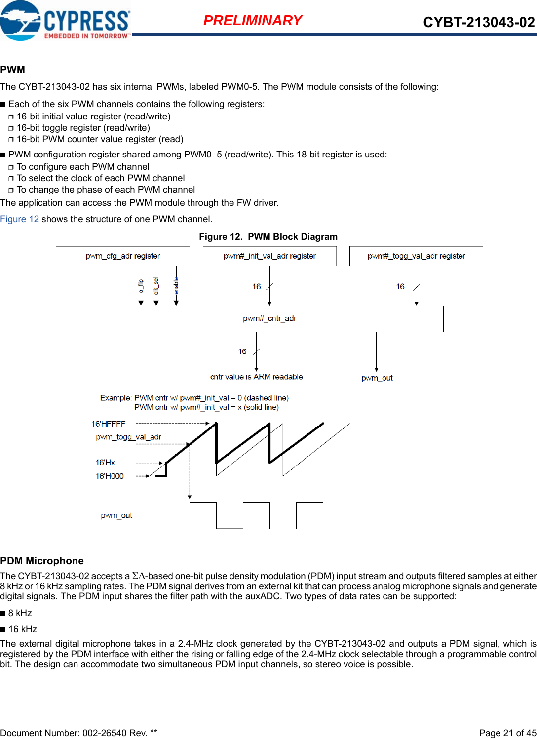 Document Number: 002-26540 Rev. **  Page 21 of 45PRELIMINARY CYBT-213043-02PWMThe CYBT-213043-02 has six internal PWMs, labeled PWM0-5. The PWM module consists of the following:■Each of the six PWM channels contains the following registers:❐16-bit initial value register (read/write)❐16-bit toggle register (read/write)❐16-bit PWM counter value register (read)■PWM configuration register shared among PWM0–5 (read/write). This 18-bit register is used:❐To configure each PWM channel❐To select the clock of each PWM channel ❐To change the phase of each PWM channelThe application can access the PWM module through the FW driver.Figure 12 shows the structure of one PWM channel.Figure 12.  PWM Block DiagramPDM MicrophoneThe CYBT-213043-02 accepts a -based one-bit pulse density modulation (PDM) input stream and outputs filtered samples at either8 kHz or 16 kHz sampling rates. The PDM signal derives from an external kit that can process analog microphone signals and generatedigital signals. The PDM input shares the filter path with the auxADC. Two types of data rates can be supported:■8 kHz■16 kHzThe external digital microphone takes in a 2.4-MHz clock generated by the CYBT-213043-02 and outputs a PDM signal, which isregistered by the PDM interface with either the rising or falling edge of the 2.4-MHz clock selectable through a programmable controlbit. The design can accommodate two simultaneous PDM input channels, so stereo voice is possible. 