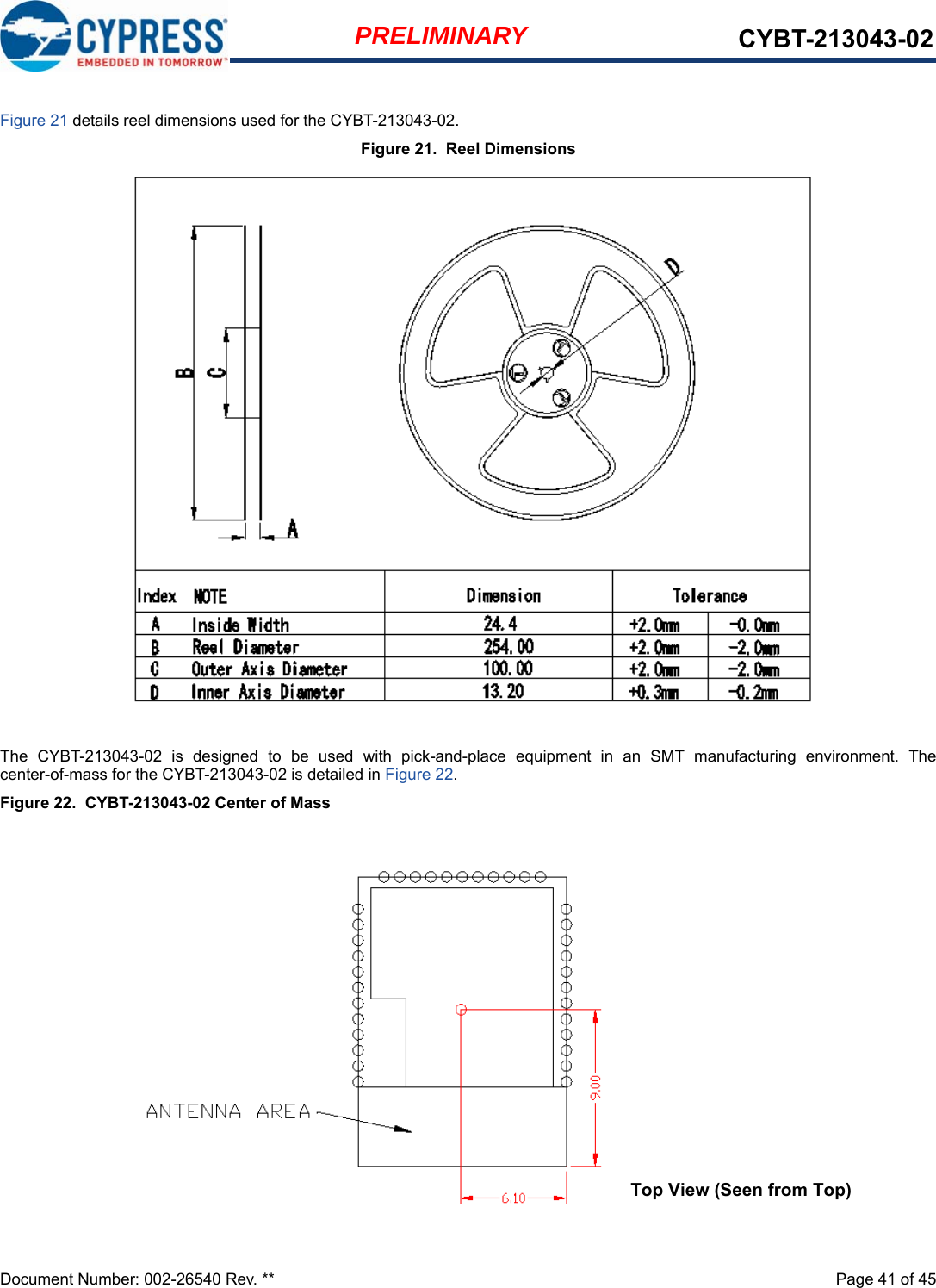 Document Number: 002-26540 Rev. **  Page 41 of 45PRELIMINARY CYBT-213043-02Figure 21 details reel dimensions used for the CYBT-213043-02.Figure 21.  Reel DimensionsThe  CYBT-213043-02  is  designed  to  be  used  with  pick-and-place  equipment  in  an  SMT  manufacturing  environment.  Thecenter-of-mass for the CYBT-213043-02 is detailed in Figure 22.Figure 22.  CYBT-213043-02 Center of Mass Top View (Seen from Top)