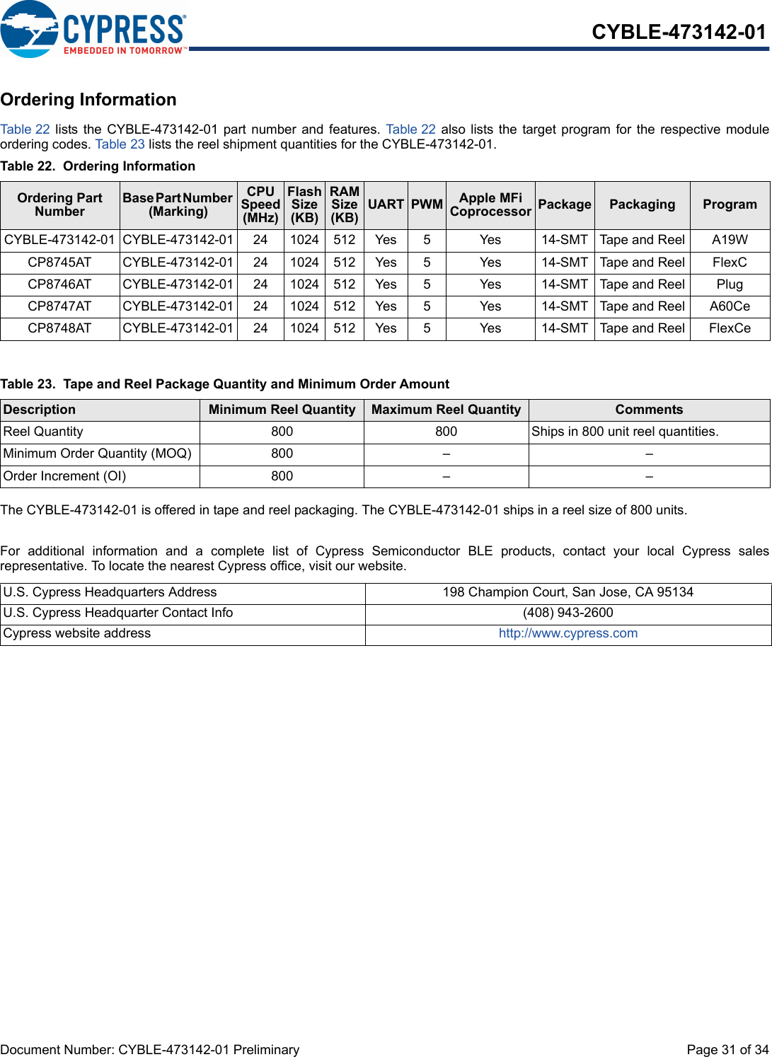 Document Number: CYBLE-473142-01 Preliminary  Page 31 of 34CYBLE-473142-01Ordering InformationTab le 22   lists the  CYBLE-473142-01  part  number  and features. Table 22  also  lists  the  target  program  for  the  respective  moduleordering codes. Table 23 lists the reel shipment quantities for the CYBLE-473142-01.The CYBLE-473142-01 is offered in tape and reel packaging. The CYBLE-473142-01 ships in a reel size of 800 units. For  additional  information  and  a  complete  list  of  Cypress  Semiconductor  BLE  products,  contact  your  local  Cypress  salesrepresentative. To locate the nearest Cypress office, visit our website.Table 22.  Ordering InformationOrdering Part NumberBase Part Number (Marking)CPU Speed (MHz)Flash Size (KB)RAM Size (KB)UART PWM Apple MFi Coprocessor  Package Packaging ProgramCYBLE-473142-01 CYBLE-473142-01 24 1024 512 Yes 5 Yes 14-SMT  Tape and Reel A19WCP8745AT CYBLE-473142-01 24 1024 512 Yes 5 Yes 14-SMT  Tape and Reel FlexCCP8746AT CYBLE-473142-01 24 1024 512 Yes 5 Yes 14-SMT  Tape and Reel PlugCP8747AT CYBLE-473142-01 24 1024 512 Yes 5 Yes 14-SMT  Tape and Reel A60CeCP8748AT CYBLE-473142-01 24 1024 512 Yes 5 Yes 14-SMT  Tape and Reel FlexCeTable 23.  Tape and Reel Package Quantity and Minimum Order AmountDescription Minimum Reel Quantity Maximum Reel Quantity CommentsReel Quantity 800 800 Ships in 800 unit reel quantities. Minimum Order Quantity (MOQ) 800 – –Order Increment (OI) 800 – –U.S. Cypress Headquarters Address 198 Champion Court, San Jose, CA 95134U.S. Cypress Headquarter Contact Info (408) 943-2600Cypress website address http://www.cypress.com