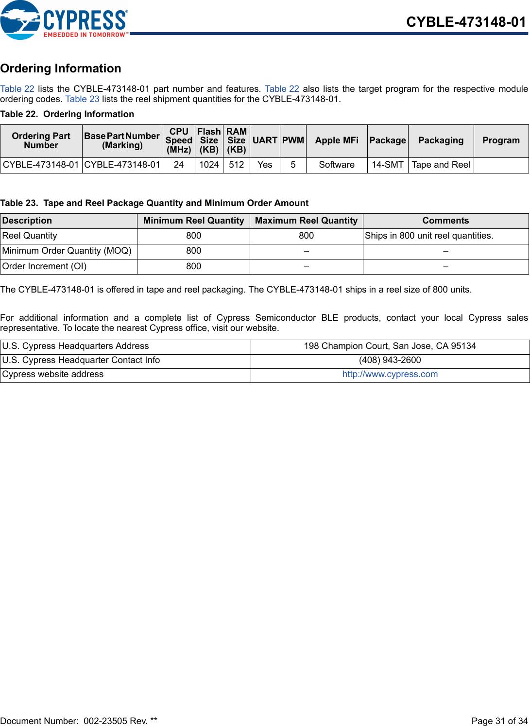 Document Number:  002-23505 Rev. **  Page 31 of 34CYBLE-473148-01Ordering InformationTab le 22   lists the CYBLE-473148-01  part  number  and  features. Table 22  also  lists the  target  program  for  the  respective moduleordering codes. Table 23 lists the reel shipment quantities for the CYBLE-473148-01.The CYBLE-473148-01 is offered in tape and reel packaging. The CYBLE-473148-01 ships in a reel size of 800 units. For  additional  information  and  a  complete  list  of  Cypress  Semiconductor  BLE  products,  contact  your  local  Cypress  salesrepresentative. To locate the nearest Cypress office, visit our website.Table 22.  Ordering InformationOrdering Part NumberBase Part Number (Marking)CPU Speed (MHz)Flash Size (KB)RAM Size (KB)UART PWM Apple MFi  Package Packaging ProgramCYBLE-473148-01 CYBLE-473148-01 24 1024 512 Yes 5 Software 14-SMT  Tape and ReelTable 23.  Tape and Reel Package Quantity and Minimum Order AmountDescription Minimum Reel Quantity Maximum Reel Quantity CommentsReel Quantity 800 800 Ships in 800 unit reel quantities. Minimum Order Quantity (MOQ) 800 – –Order Increment (OI) 800 – –U.S. Cypress Headquarters Address 198 Champion Court, San Jose, CA 95134U.S. Cypress Headquarter Contact Info (408) 943-2600Cypress website address http://www.cypress.com