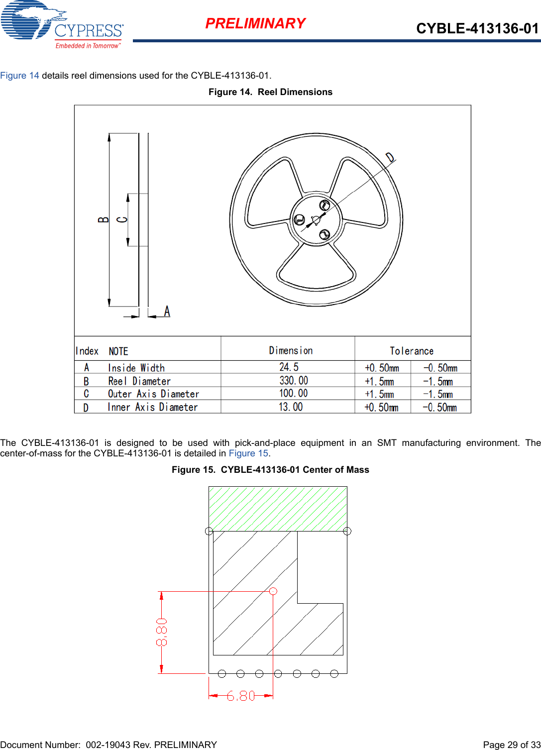 Document Number:  002-19043 Rev. PRELIMINARY  Page 29 of 33PRELIMINARY CYBLE-413136-01Figure 14 details reel dimensions used for the CYBLE-413136-01.Figure 14.  Reel DimensionsThe  CYBLE-413136-01  is  designed  to  be  used  with  pick-and-place  equipment  in  an  SMT  manufacturing  environment.  Thecenter-of-mass for the CYBLE-413136-01 is detailed in Figure 15.Figure 15.  CYBLE-413136-01 Center of Mass