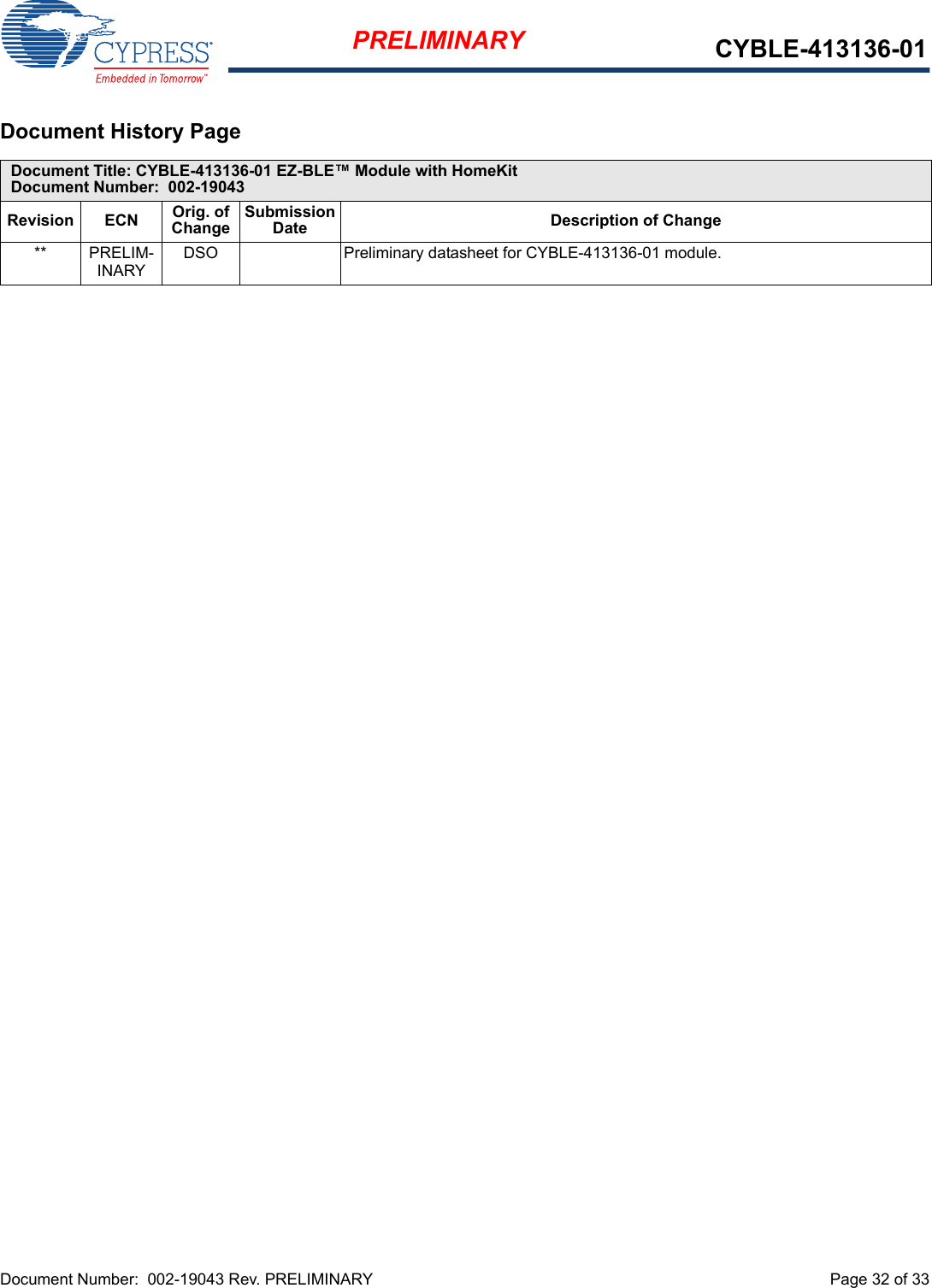 Document Number:  002-19043 Rev. PRELIMINARY  Page 32 of 33PRELIMINARY CYBLE-413136-01Document History Page Document Title: CYBLE-413136-01 EZ-BLE™ Module with HomeKitDocument Number:  002-19043Revision ECN Orig. of ChangeSubmission Date Description of Change** PRELIM-INARYDSO Preliminary datasheet for CYBLE-413136-01 module.