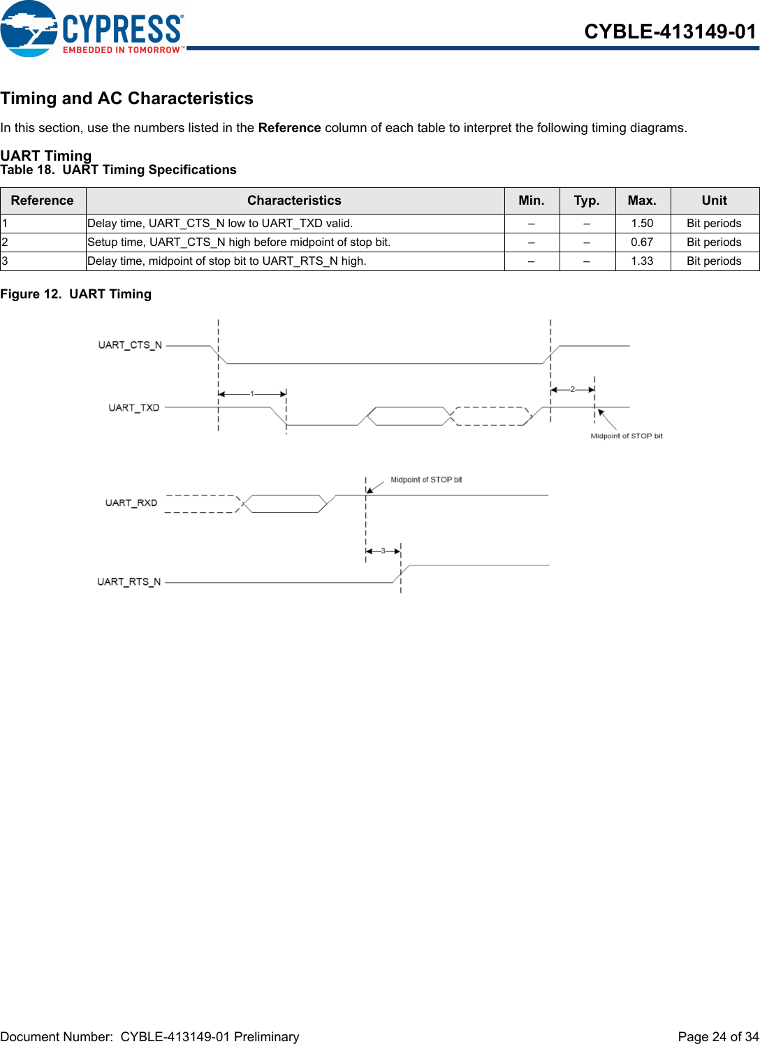 Document Number:  CYBLE-413149-01 Preliminary  Page 24 of 34CYBLE-413149-01Timing and AC CharacteristicsIn this section, use the numbers listed in the Reference column of each table to interpret the following timing diagrams.UART TimingFigure 12.  UART TimingTable 18.  UART Timing SpecificationsReference Characteristics Min. Typ. Max. Unit1  Delay time, UART_CTS_N low to UART_TXD valid. –  –  1.50 Bit periods2  Setup time, UART_CTS_N high before midpoint of stop bit. –  –  0.67 Bit periods3  Delay time, midpoint of stop bit to UART_RTS_N high.  –  –  1.33 Bit periods