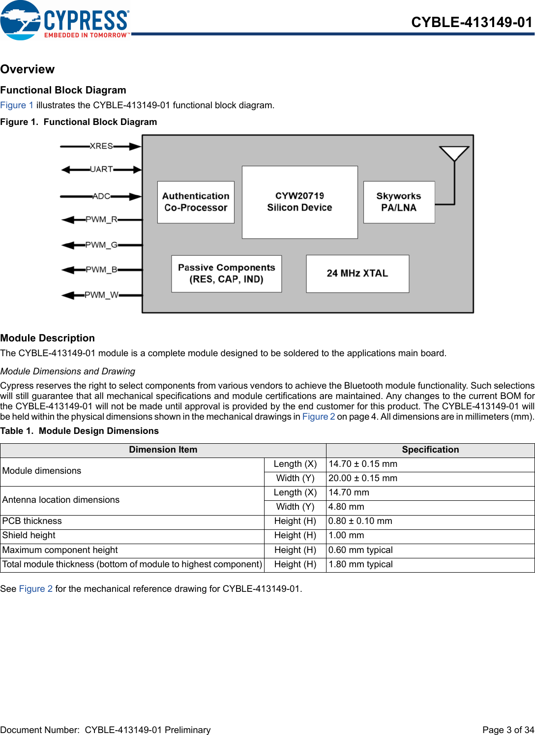 Document Number:  CYBLE-413149-01 Preliminary  Page 3 of 34CYBLE-413149-01OverviewFunctional Block DiagramFigure 1 illustrates the CYBLE-413149-01 functional block diagram.Figure 1.  Functional Block DiagramModule DescriptionThe CYBLE-413149-01 module is a complete module designed to be soldered to the applications main board. Module Dimensions and DrawingCypress reserves the right to select components from various vendors to achieve the Bluetooth module functionality. Such selectionswill still guarantee that all mechanical specifications and module certifications are maintained. Any changes to the current BOM forthe CYBLE-413149-01 will not be made until approval is provided by the end customer for this product. The CYBLE-413149-01 willbe held within the physical dimensions shown in the mechanical drawings in Figure 2 on page 4. All dimensions are in millimeters (mm).Table 1.  Module Design DimensionsSee Figure 2 for the mechanical reference drawing for CYBLE-413149-01.Dimension Item SpecificationModule dimensions Length (X) 14.70 ± 0.15 mmWidth (Y) 20.00 ± 0.15 mmAntenna location dimensions Length (X) 14.70 mmWidth (Y) 4.80 mmPCB thickness Height (H) 0.80 ± 0.10 mmShield height Height (H) 1.00 mmMaximum component height Height (H) 0.60 mm typicalTotal module thickness (bottom of module to highest component) Height (H) 1.80 mm typical