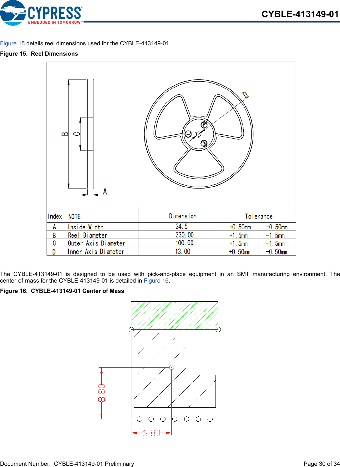 Document Number:  CYBLE-413149-01 Preliminary  Page 30 of 34CYBLE-413149-01Figure 15 details reel dimensions used for the CYBLE-413149-01.Figure 15.  Reel DimensionsThe  CYBLE-413149-01  is  designed  to  be  used  with  pick-and-place  equipment  in  an  SMT  manufacturing  environment.  Thecenter-of-mass for the CYBLE-413149-01 is detailed in Figure 16.Figure 16.  CYBLE-413149-01 Center of Mass