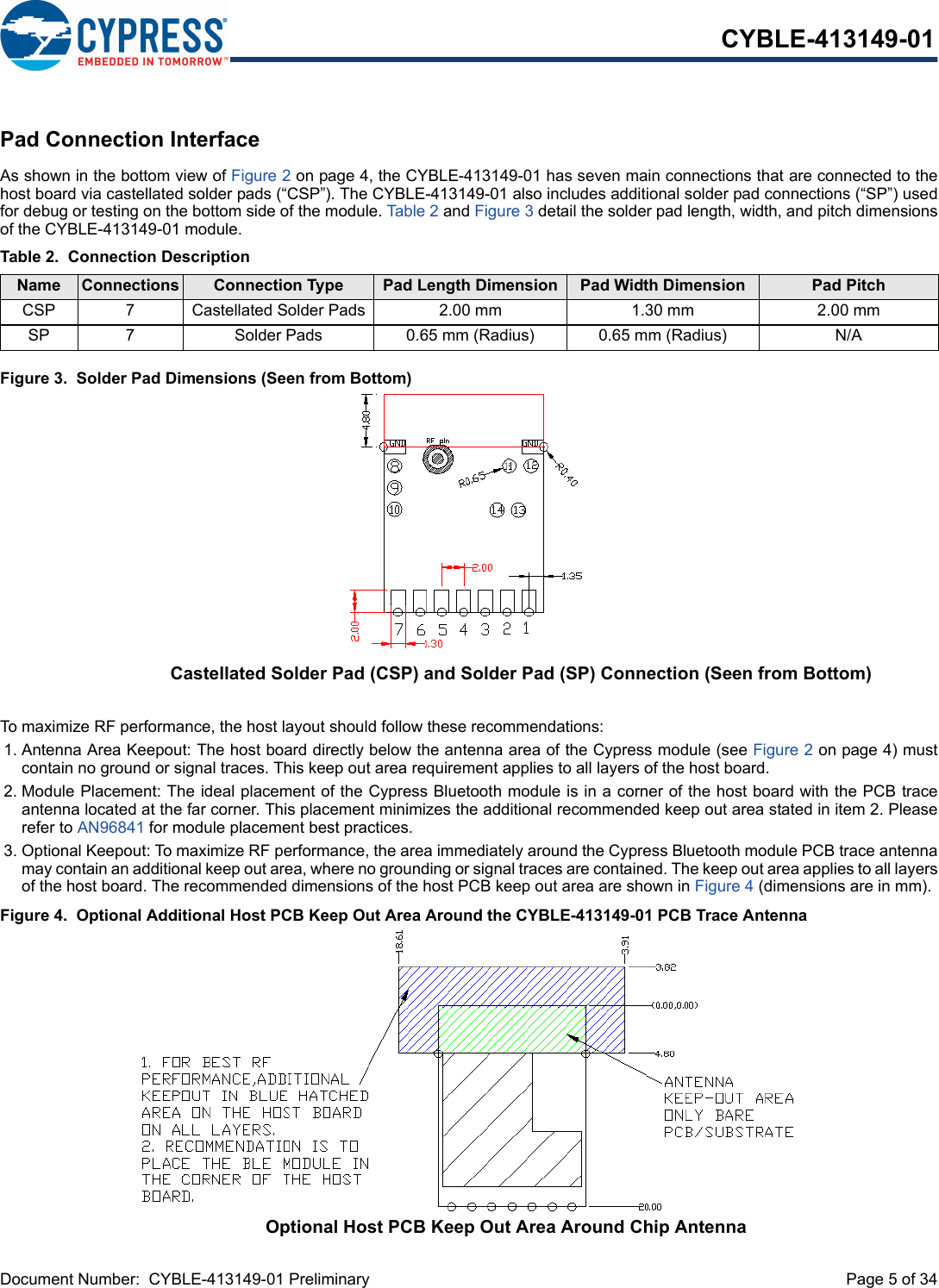 Document Number:  CYBLE-413149-01 Preliminary  Page 5 of 34CYBLE-413149-01Pad Connection InterfaceAs shown in the bottom view of Figure 2 on page 4, the CYBLE-413149-01 has seven main connections that are connected to thehost board via castellated solder pads (“CSP”). The CYBLE-413149-01 also includes additional solder pad connections (“SP”) usedfor debug or testing on the bottom side of the module. Table 2 and Figure 3 detail the solder pad length, width, and pitch dimensionsof the CYBLE-413149-01 module. Figure 3.  Solder Pad Dimensions (Seen from Bottom)To maximize RF performance, the host layout should follow these recommendations:1. Antenna Area Keepout: The host board directly below the antenna area of the Cypress module (see Figure 2 on page 4) mustcontain no ground or signal traces. This keep out area requirement applies to all layers of the host board. 2. Module Placement: The ideal placement of the Cypress Bluetooth module is in a corner of the host board with the PCB traceantenna located at the far corner. This placement minimizes the additional recommended keep out area stated in item 2. Pleaserefer to AN96841 for module placement best practices.3. Optional Keepout: To maximize RF performance, the area immediately around the Cypress Bluetooth module PCB trace antennamay contain an additional keep out area, where no grounding or signal traces are contained. The keep out area applies to all layersof the host board. The recommended dimensions of the host PCB keep out area are shown in Figure 4 (dimensions are in mm).Figure 4.  Optional Additional Host PCB Keep Out Area Around the CYBLE-413149-01 PCB Trace AntennaTable 2.  Connection DescriptionName Connections Connection Type Pad Length Dimension Pad Width Dimension Pad PitchCSP 7 Castellated Solder Pads 2.00 mm 1.30 mm 2.00 mmSP 7 Solder Pads 0.65 mm (Radius) 0.65 mm (Radius) N/ACastellated Solder Pad (CSP) and Solder Pad (SP) Connection (Seen from Bottom)Optional Host PCB Keep Out Area Around Chip Antenna