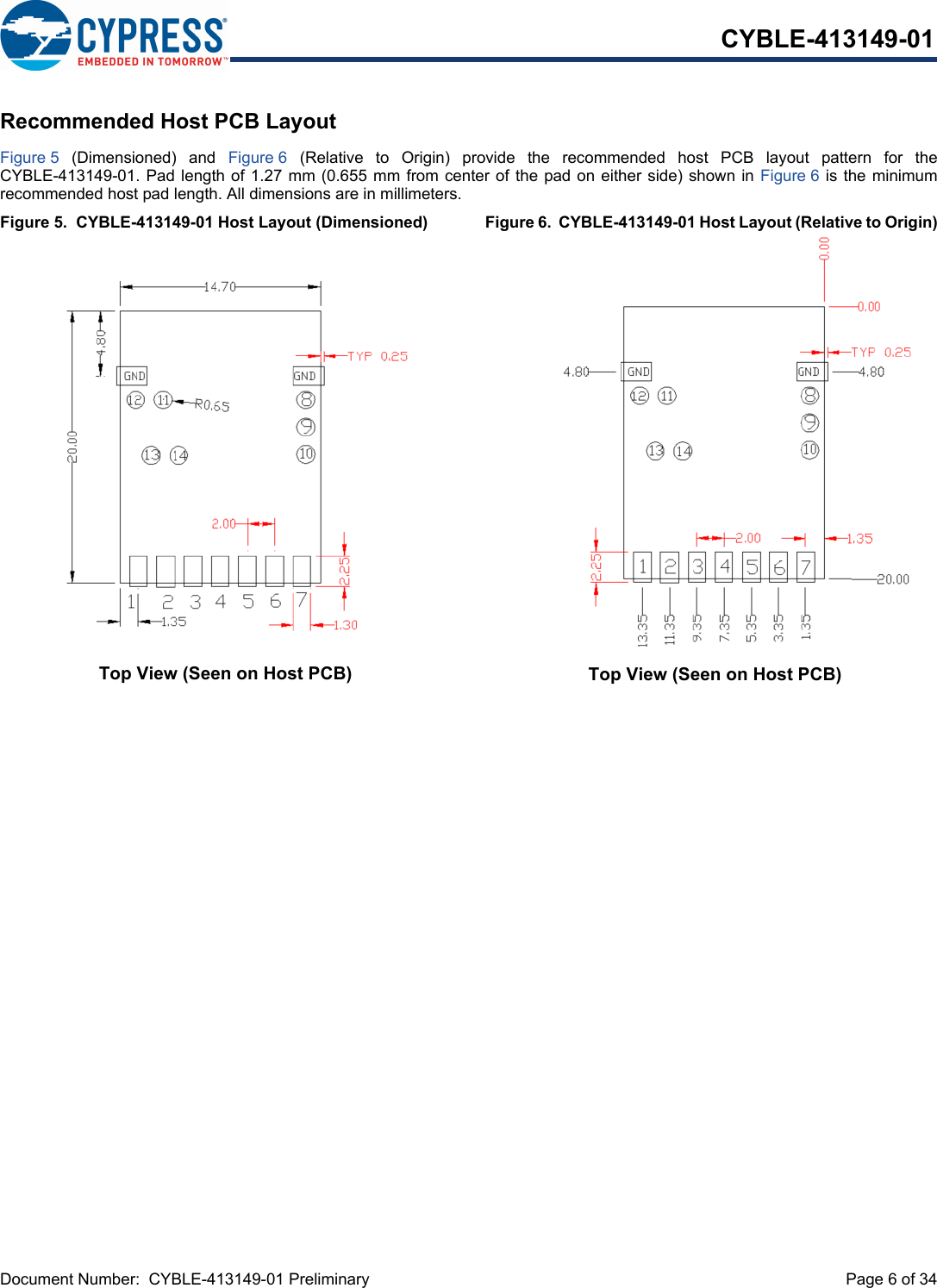 Document Number:  CYBLE-413149-01 Preliminary  Page 6 of 34CYBLE-413149-01Recommended Host PCB LayoutFigure 5  (Dimensioned)  and  Figure 6  (Relative  to  Origin)  provide  the  recommended  host  PCB  layout  pattern  for  theCYBLE-413149-01. Pad length of 1.27 mm (0.655 mm from center of the pad on either side) shown in Figure 6 is the minimumrecommended host pad length. All dimensions are in millimeters. Figure 5.  CYBLE-413149-01 Host Layout (Dimensioned)  Figure 6.  CYBLE-413149-01 Host Layout (Relative to Origin)Top View (Seen on Host PCB)Top View (Seen on Host PCB)