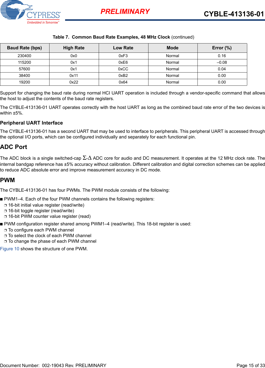 Document Number:  002-19043 Rev. PRELIMINARY  Page 15 of 33PRELIMINARY CYBLE-413136-01Support for changing the baud rate during normal HCI UART operation is included through a vendor-specific command that allowsthe host to adjust the contents of the baud rate registers.The CYBLE-413136-01 UART operates correctly with the host UART as long as the combined baud rate error of the two devices iswithin ±5%.Peripheral UART InterfaceThe CYBLE-413136-01 has a second UART that may be used to interface to peripherals. This peripheral UART is accessed throughthe optional I/O ports, which can be configured individually and separately for each functional pin. ADC PortThe ADC block is a single switched-cap Σ-Δ ADC core for audio and DC measurement. It operates at the 12 MHz clock rate. Theinternal bandgap reference has ±5% accuracy without calibration. Different calibration and digital correction schemes can be appliedto reduce ADC absolute error and improve measurement accuracy in DC mode.PWMThe CYBLE-413136-01 has four PWMs. The PWM module consists of the following:nPWM1–4. Each of the four PWM channels contains the following registers:p16-bit initial value register (read/write)p16-bit toggle register (read/write)p16-bit PWM counter value register (read)nPWM configuration register shared among PWM1–4 (read/write). This 18-bit register is used:pTo configure each PWM channelpTo select the clock of each PWM channel pTo change the phase of each PWM channelFigure 10 shows the structure of one PWM.230400 0x0 0xF3 Normal 0.16115200 0x1 0xE6 Normal –0.0857600 0x1 0xCC Normal 0.0438400 0x11 0xB2 Normal 0.0019200 0x22 0x64 Normal 0.00Table 7.  Common Baud Rate Examples, 48 MHz Clock (continued)Baud Rate (bps) High Rate Low Rate Mode Error (%)