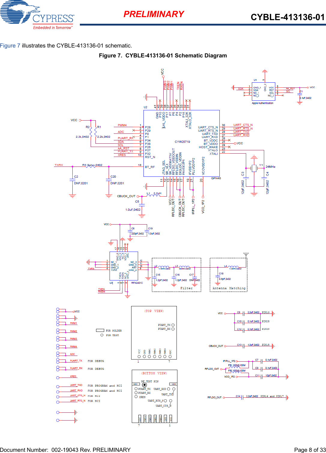 Document Number:  002-19043 Rev. PRELIMINARY  Page 8 of 33PRELIMINARY CYBLE-413136-01Figure 7 illustrates the CYBLE-413136-01 schematic.Figure 7.  CYBLE-413136-01 Schematic Diagram