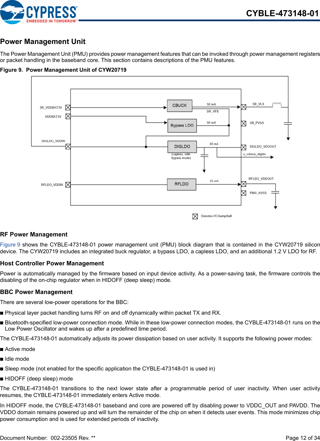 Document Number:  002-23505 Rev. **  Page 12 of 34CYBLE-473148-01Power Management UnitThe Power Management Unit (PMU) provides power management features that can be invoked through power management registersor packet handling in the baseband core. This section contains descriptions of the PMU features.Figure 9.  Power Management Unit of CYW20719RF Power ManagementFigure 9 shows the CYBLE-473148-01 power management unit (PMU) block diagram that is contained in the CYW20719 silicondevice. The CYW20719 includes an integrated buck regulator, a bypass LDO, a capless LDO, and an additional 1.2 V LDO for RF.Host Controller Power ManagementPower is automatically managed by the firmware based on input device activity. As a power-saving task, the firmware controls thedisabling of the on-chip regulator when in HIDOFF (deep sleep) mode.BBC Power ManagementThere are several low-power operations for the BBC:nPhysical layer packet handling turns RF on and off dynamically within packet TX and RX.nBluetooth-specified low-power connection mode. While in these low-power connection modes, the CYBLE-473148-01 runs on theLow Power Oscillator and wakes up after a predefined time period.The CYBLE-473148-01 automatically adjusts its power dissipation based on user activity. It supports the following power modes:nActive modenIdle modenSleep mode (not enabled for the specific application the CYBLE-473148-01 is used in)nHIDOFF (deep sleep) mode The  CYBLE-473148-01  transitions  to  the  next  lower  state  after  a  programmable  period  of  user  inactivity.  When  user  activityresumes, the CYBLE-473148-01 immediately enters Active mode.In HIDOFF mode, the CYBLE-473148-01 baseband and core are powered off by disabling power to VDDC_OUT and PAVDD. TheVDDO domain remains powered up and will turn the remainder of the chip on when it detects user events. This mode minimizes chippower consumption and is used for extended periods of inactivity.