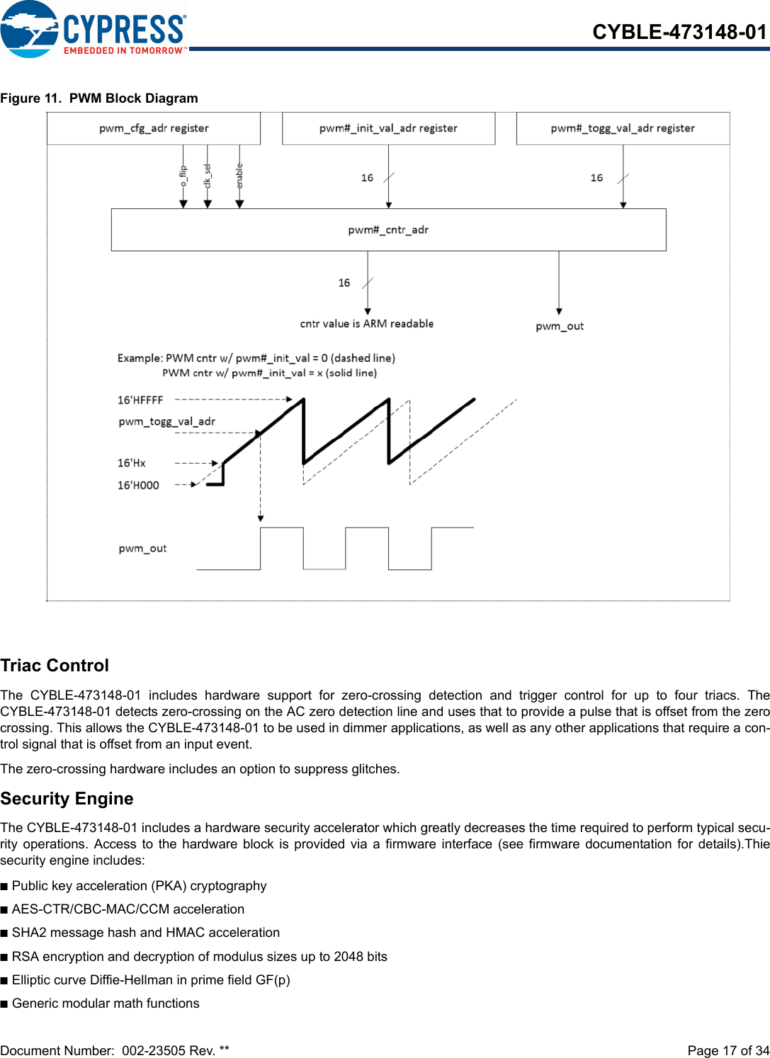 Document Number:  002-23505 Rev. **  Page 17 of 34CYBLE-473148-01Figure 11.  PWM Block DiagramTriac ControlThe  CYBLE-473148-01  includes  hardware  support  for  zero-crossing  detection  and  trigger  control  for  up  to  four  triacs.  TheCYBLE-473148-01 detects zero-crossing on the AC zero detection line and uses that to provide a pulse that is offset from the zerocrossing. This allows the CYBLE-473148-01 to be used in dimmer applications, as well as any other applications that require a con-trol signal that is offset from an input event.The zero-crossing hardware includes an option to suppress glitches.Security EngineThe CYBLE-473148-01 includes a hardware security accelerator which greatly decreases the time required to perform typical secu-rity operations.  Access  to  the  hardware block is provided  via  a  firmware interface (see  firmware  documentation for details).Thiesecurity engine includes:nPublic key acceleration (PKA) cryptographynAES-CTR/CBC-MAC/CCM accelerationnSHA2 message hash and HMAC accelerationnRSA encryption and decryption of modulus sizes up to 2048 bitsnElliptic curve Diffie-Hellman in prime field GF(p)nGeneric modular math functions