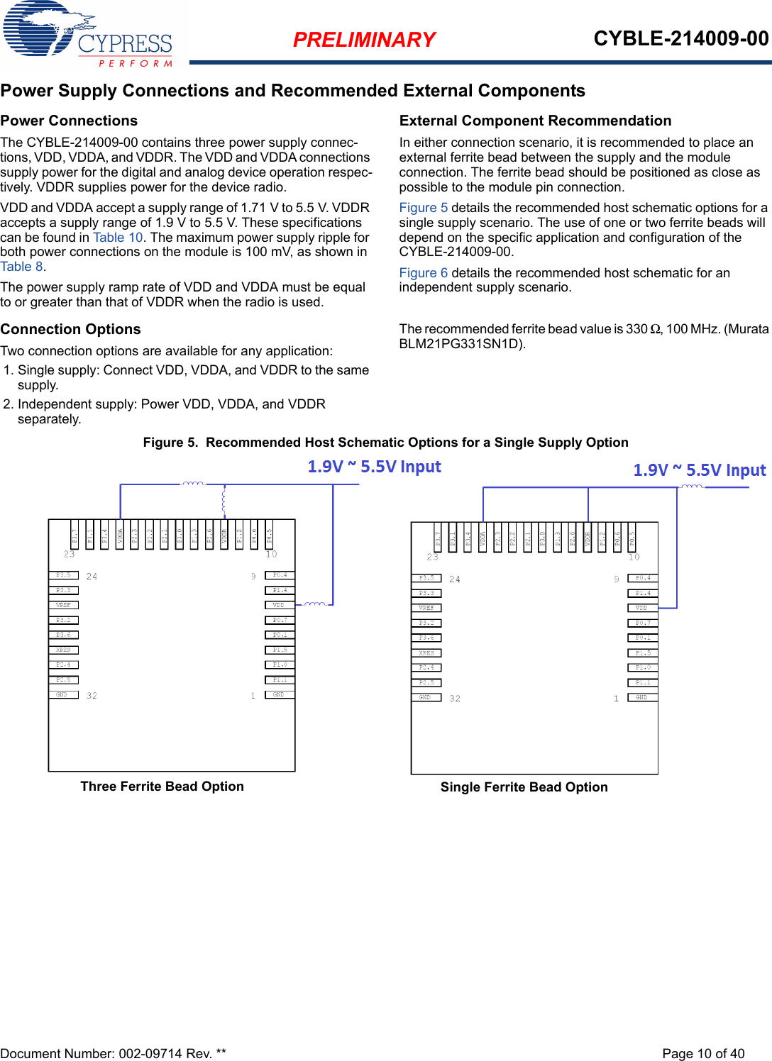 PRELIMINARY CYBLE-214009-00Document Number: 002-09714 Rev. ** Page 10 of 40Power Supply Connections and Recommended External ComponentsPower ConnectionsThe CYBLE-214009-00 contains three power supply connec-tions, VDD, VDDA, and VDDR. The VDD and VDDA connections supply power for the digital and analog device operation respec-tively. VDDR supplies power for the device radio. VDD and VDDA accept a supply range of 1.71 V to 5.5 V. VDDR accepts a supply range of 1.9 V to 5.5 V. These specifications can be found in Ta ble 10. The maximum power supply ripple for both power connections on the module is 100 mV, as shown in Table 8. The power supply ramp rate of VDD and VDDA must be equal to or greater than that of VDDR when the radio is used. Connection OptionsTwo connection options are available for any application: 1. Single supply: Connect VDD, VDDA, and VDDR to the same supply. 2. Independent supply: Power VDD, VDDA, and VDDR separately. External Component RecommendationIn either connection scenario, it is recommended to place an external ferrite bead between the supply and the module connection. The ferrite bead should be positioned as close as possible to the module pin connection. Figure 5 details the recommended host schematic options for a single supply scenario. The use of one or two ferrite beads will depend on the specific application and configuration of the CYBLE-214009-00.Figure 6 details the recommended host schematic for an independent supply scenario. The recommended ferrite bead value is 330 Ω, 100 MHz. (Murata BLM21PG331SN1D).Figure 5.  Recommended Host Schematic Options for a Single Supply OptionThree Ferrite Bead Option Single Ferrite Bead Option