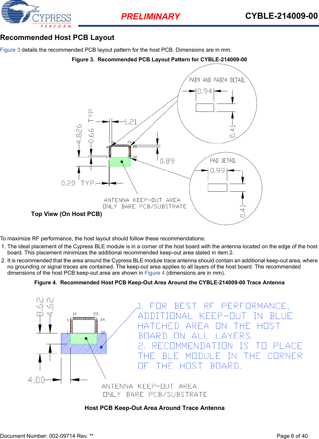 PRELIMINARY CYBLE-214009-00Document Number: 002-09714 Rev. ** Page 6 of 40Recommended Host PCB LayoutFigure 3 details the recommended PCB layout pattern for the host PCB. Dimensions are in mm. Figure 3.  Recommended PCB Layout Pattern for CYBLE-214009-00To maximize RF performance, the host layout should follow these recommendations:1. The ideal placement of the Cypress BLE module is in a corner of the host board with the antenna located on the edge of the host board. This placement minimizes the additional recommended keep-out area stated in item 2. 2. It is recommended that the area around the Cypress BLE module trace antenna should contain an additional keep-out area, where no grounding or signal traces are contained. The keep-out area applies to all layers of the host board. The recommended dimensions of the host PCB keep-out area are shown in Figure 4 (dimensions are in mm). Figure 4.  Recommended Host PCB Keep-Out Area Around the CYBLE-214009-00 Trace AntennaTop View (On Host PCB)Host PCB Keep-Out Area Around Trace Antenna