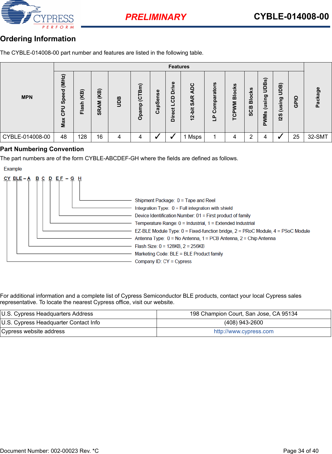 PRELIMINARY CYBLE-014008-00Document Number: 002-00023 Rev. *C Page 34 of 40Ordering InformationThe CYBLE-014008-00 part number and features are listed in the following table. Part Numbering ConventionThe part numbers are of the form CYBLE-ABCDEF-GH where the fields are defined as follows.For additional information and a complete list of Cypress Semiconductor BLE products, contact your local Cypress sales representative. To locate the nearest Cypress office, visit our website.MPNFeaturesPackageMax CPU Speed (MHz)Flash (KB)SRAM (KB)UDBOpamp (CTBm)CapSenseDirect LCD Drive12-bit SAR ADCLP ComparatorsTCPWM BlocksSCB BlocksPWMs (using UDBs)I2S (using UDB)GPIOCYBLE-014008-00 48 128 16 4 4 3 3 1 Msps 1 4 2 4 325 32-SMTU.S. Cypress Headquarters Address 198 Champion Court, San Jose, CA 95134U.S. Cypress Headquarter Contact Info (408) 943-2600Cypress website address http://www.cypress.com