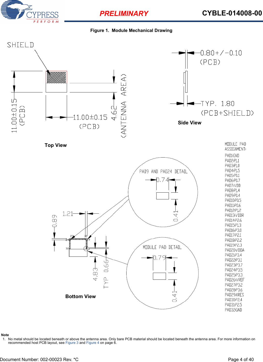 PRELIMINARY CYBLE-014008-00Document Number: 002-00023 Rev. *C Page 4 of 40Figure 1.  Module Mechanical DrawingTop ViewSide ViewBottom ViewNote1. No metal should be located beneath or above the antenna area. Only bare PCB material should be located beneath the antenna area. For more information on recommended host PCB layout, see Figure 3 and Figure 4 on page 6.