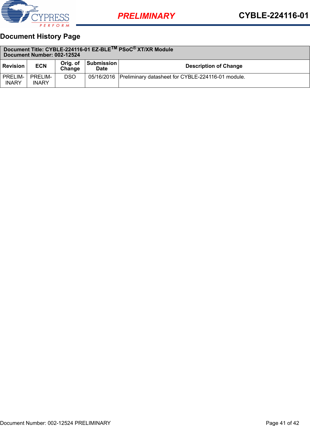 PRELIMINARY CYBLE-224116-01Document Number: 002-12524 PRELIMINARY Page 41 of 42Document History Page Document Title: CYBLE-224116-01 EZ-BLETM PSoC® XT/XR ModuleDocument Number: 002-12524Revision ECN Orig. of ChangeSubmission Date Description of ChangePRELIM-INARYPRELIM-INARYDSO 05/16/2016 Preliminary datasheet for CYBLE-224116-01 module.