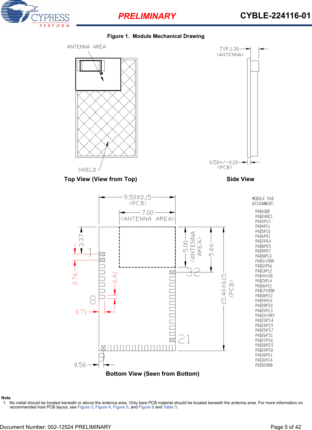 PRELIMINARY CYBLE-224116-01Document Number: 002-12524 PRELIMINARY Page 5 of 42Figure 1.  Module Mechanical DrawingTop View (View from Top)Bottom View (Seen from Bottom)Side ViewNote1. No metal should be located beneath or above the antenna area. Only bare PCB material should be located beneath the antenna area. For more information on recommended host PCB layout, see Figure 3, Figure 4, Figure 5, and Figure 6 and Table 3.