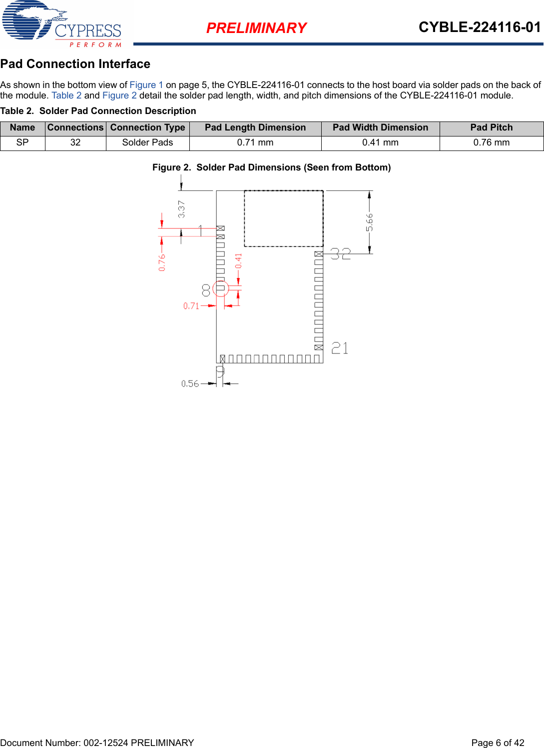 PRELIMINARY CYBLE-224116-01Document Number: 002-12524 PRELIMINARY Page 6 of 42Pad Connection InterfaceAs shown in the bottom view of Figure 1 on page 5, the CYBLE-224116-01 connects to the host board via solder pads on the back of the module. Table 2 and Figure 2 detail the solder pad length, width, and pitch dimensions of the CYBLE-224116-01 module. Figure 2.  Solder Pad Dimensions (Seen from Bottom)Table 2.  Solder Pad Connection DescriptionName Connections Connection Type Pad Length Dimension Pad Width Dimension Pad PitchSP 32 Solder Pads 0.71 mm 0.41 mm 0.76 mm