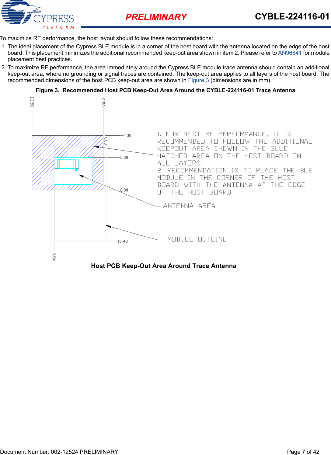 PRELIMINARY CYBLE-224116-01Document Number: 002-12524 PRELIMINARY Page 7 of 42To maximize RF performance, the host layout should follow these recommendations:1. The ideal placement of the Cypress BLE module is in a corner of the host board with the antenna located on the edge of the host board. This placement minimizes the additional recommended keep-out area shown in item 2. Please refer to AN96841 for module placement best practices. 2. To maximize RF performance, the area immediately around the Cypress BLE module trace antenna should contain an additional keep-out area, where no grounding or signal traces are contained. The keep-out area applies to all layers of the host board. The recommended dimensions of the host PCB keep-out area are shown in Figure 3 (dimensions are in mm). Figure 3.  Recommended Host PCB Keep-Out Area Around the CYBLE-224116-01 Trace AntennaHost PCB Keep-Out Area Around Trace Antenna