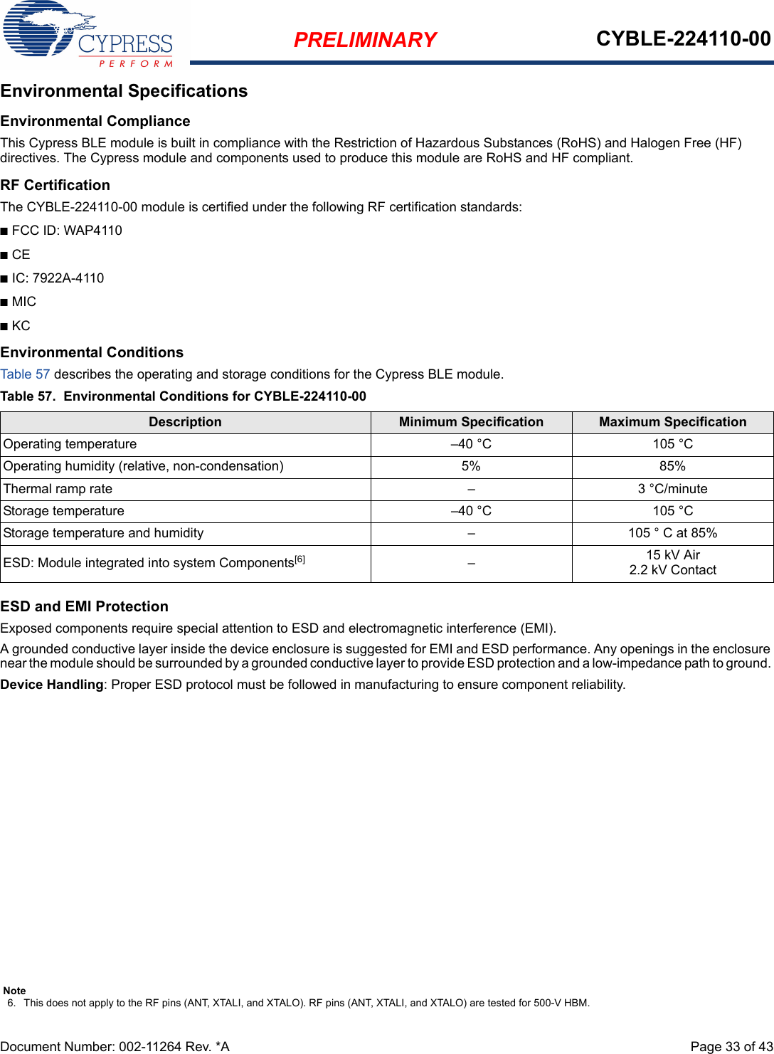 PRELIMINARY CYBLE-224110-00Document Number: 002-11264 Rev. *A  Page 33 of 43Environmental SpecificationsEnvironmental ComplianceThis Cypress BLE module is built in compliance with the Restriction of Hazardous Substances (RoHS) and Halogen Free (HF) directives. The Cypress module and components used to produce this module are RoHS and HF compliant.RF CertificationThe CYBLE-224110-00 module is certified under the following RF certification standards:nFCC ID: WAP4110nCEnIC: 7922A-4110nMICnKCEnvironmental ConditionsTable 57 describes the operating and storage conditions for the Cypress BLE module.ESD and EMI ProtectionExposed components require special attention to ESD and electromagnetic interference (EMI).A grounded conductive layer inside the device enclosure is suggested for EMI and ESD performance. Any openings in the enclosure near the module should be surrounded by a grounded conductive layer to provide ESD protection and a low-impedance path to ground. Device Handling: Proper ESD protocol must be followed in manufacturing to ensure component reliability.Table 57. Environmental Conditions for CYBLE-224110-00Description Minimum Specification Maximum SpecificationOperating temperature –40 °C 105 °COperating humidity (relative, non-condensation) 5% 85%Thermal ramp rate – 3 °C/minuteStorage temperature –40 °C 105 °CStorage temperature and humidity – 105 ° C at 85%ESD: Module integrated into system Components[6] –15 kV Air2.2 kV ContactNote6. This does not apply to the RF pins (ANT, XTALI, and XTALO). RF pins (ANT, XTALI, and XTALO) are tested for 500-V HBM.