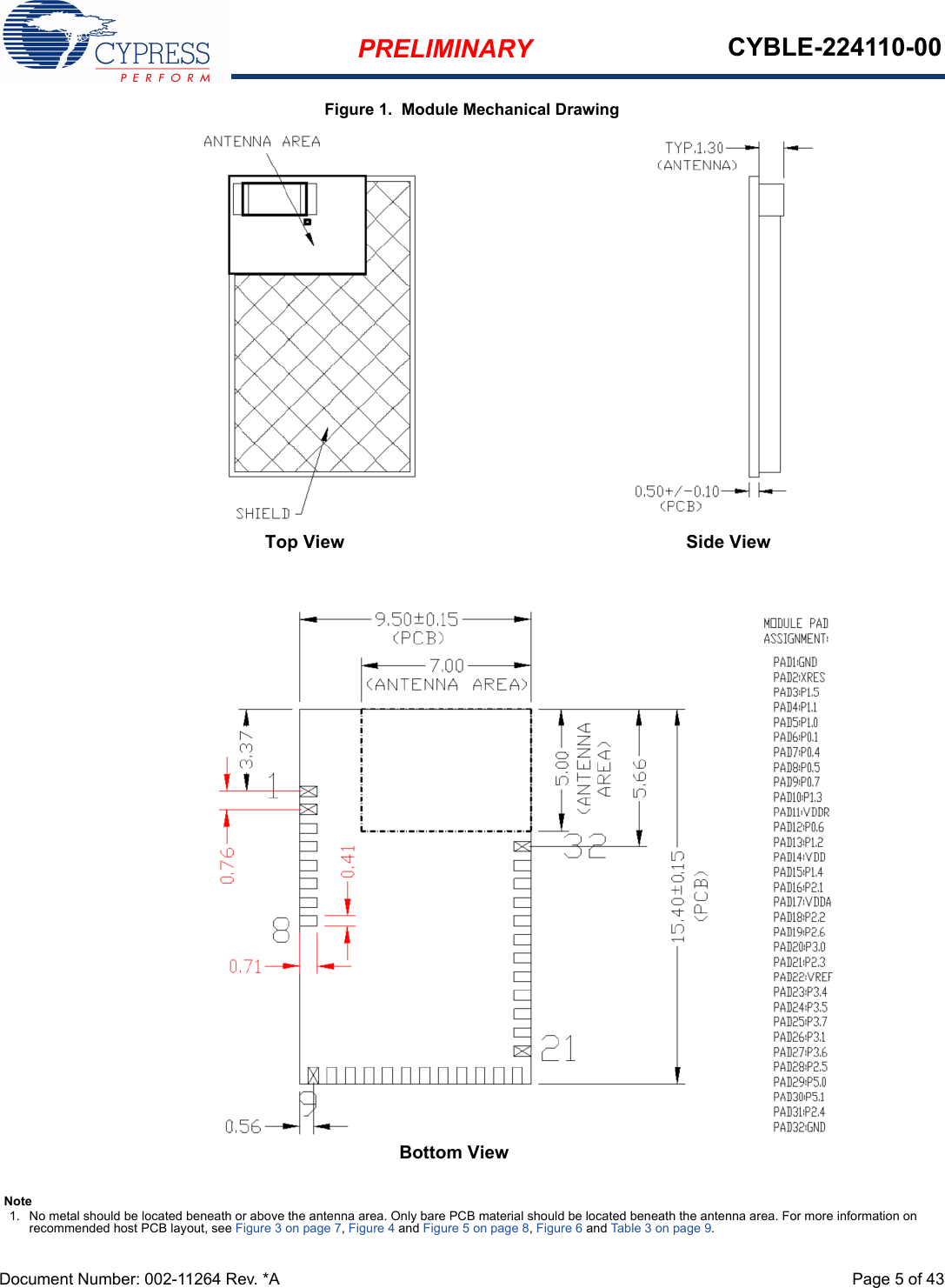 PRELIMINARY CYBLE-224110-00Document Number: 002-11264 Rev. *A  Page 5 of 43Figure 1.  Module Mechanical DrawingTop ViewBottom ViewSide ViewNote1. No metal should be located beneath or above the antenna area. Only bare PCB material should be located beneath the antenna area. For more information on recommended host PCB layout, see Figure 3 on page 7, Figure 4 and Figure 5 on page 8, Figure 6 and Table 3 on page 9.