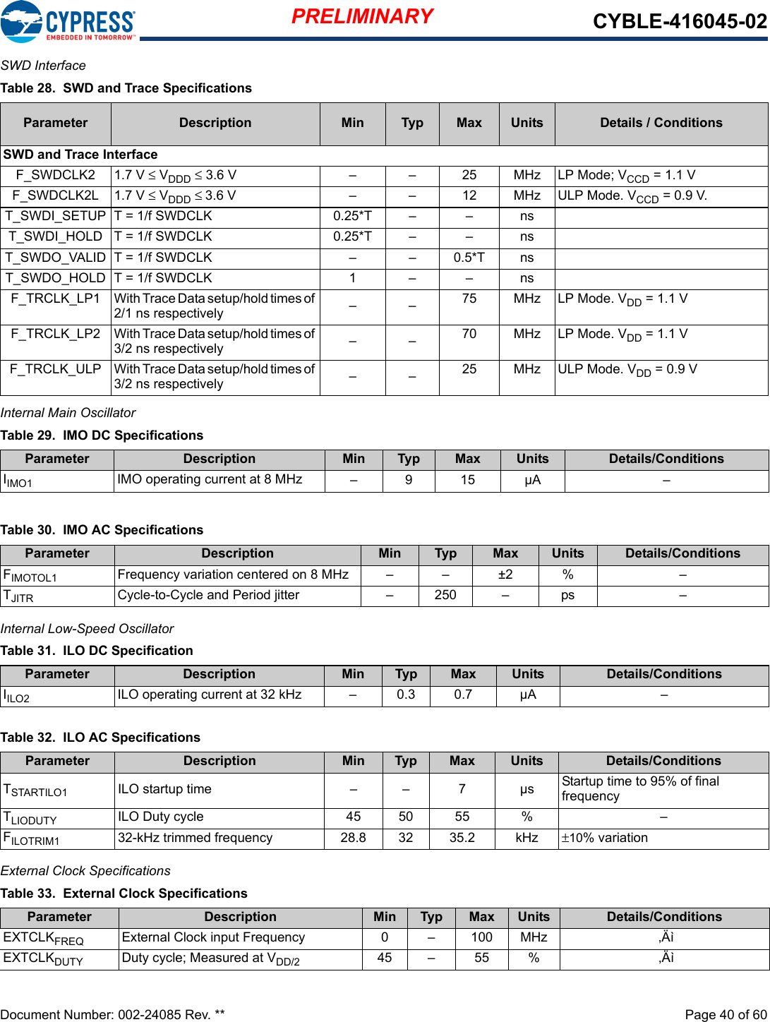 PRELIMINARY CYBLE-416045-02Document Number: 002-24085 Rev. **  Page 40 of 60SWD Interface Internal Main OscillatorInternal Low-Speed Oscillator  External Clock SpecificationsTable 28.  SWD and Trace SpecificationsParameter Description Min Typ Max Units Details / ConditionsSWD and Trace InterfaceF_SWDCLK2 1.7 V ≤ VDDD ≤ 3.6 V – – 25 MHz LP Mode; VCCD = 1.1 VF_SWDCLK2L 1.7 V ≤ VDDD ≤ 3.6 V – – 12 MHz ULP Mode. VCCD = 0.9 V.T_SWDI_SETUP T = 1/f SWDCLK 0.25*T –  – nsT_SWDI_HOLD T = 1/f SWDCLK 0.25*T – – nsT_SWDO_VALID T = 1/f SWDCLK – – 0.5*T nsT_SWDO_HOLD T = 1/f SWDCLK 1––nsF_TRCLK_LP1 With Trace Data setup/hold times of 2/1 ns respectively –– 75 MHz LP Mode. VDD = 1.1 VF_TRCLK_LP2 With Trace Data setup/hold times of 3/2 ns respectively ––70 MHz LP Mode. VDD = 1.1 VF_TRCLK_ULP With Trace Data setup/hold times of 3/2 ns respectively ––25 MHz ULP Mode. VDD = 0.9 VTable 29.  IMO DC SpecificationsParameter Description Min Typ Max Units Details/ConditionsIIMO1 IMO operating current at 8 MHz – 9 15 µA –Table 30.  IMO AC SpecificationsParameter Description Min Typ Max Units Details/ConditionsFIMOTOL1 Frequency variation centered on 8 MHz – – ±2 % –TJITR Cycle-to-Cycle and Period jitter – 250 – ps –Table 31.  ILO DC SpecificationParameter Description Min Typ Max Units Details/ConditionsIILO2 ILO operating current at 32 kHz – 0.3 0.7 µA –Table 32.  ILO AC SpecificationsParameter Description Min Typ Max Units Details/ConditionsTSTARTILO1 ILO startup time – – 7 µs Startup time to 95% of final frequencyTLIODUTY ILO Duty cycle 45 50 55 % –FILOTRIM1 32-kHz trimmed frequency 28.8 32 35.2 kHz ±10% variationTable 33.  External Clock SpecificationsParameter Description Min Typ Max Units Details/ConditionsEXTCLKFREQ External Clock input Frequency 0 – 100 MHz ‚ÄìEXTCLKDUTY Duty cycle; Measured at VDD/2 45 – 55 % ‚Äì