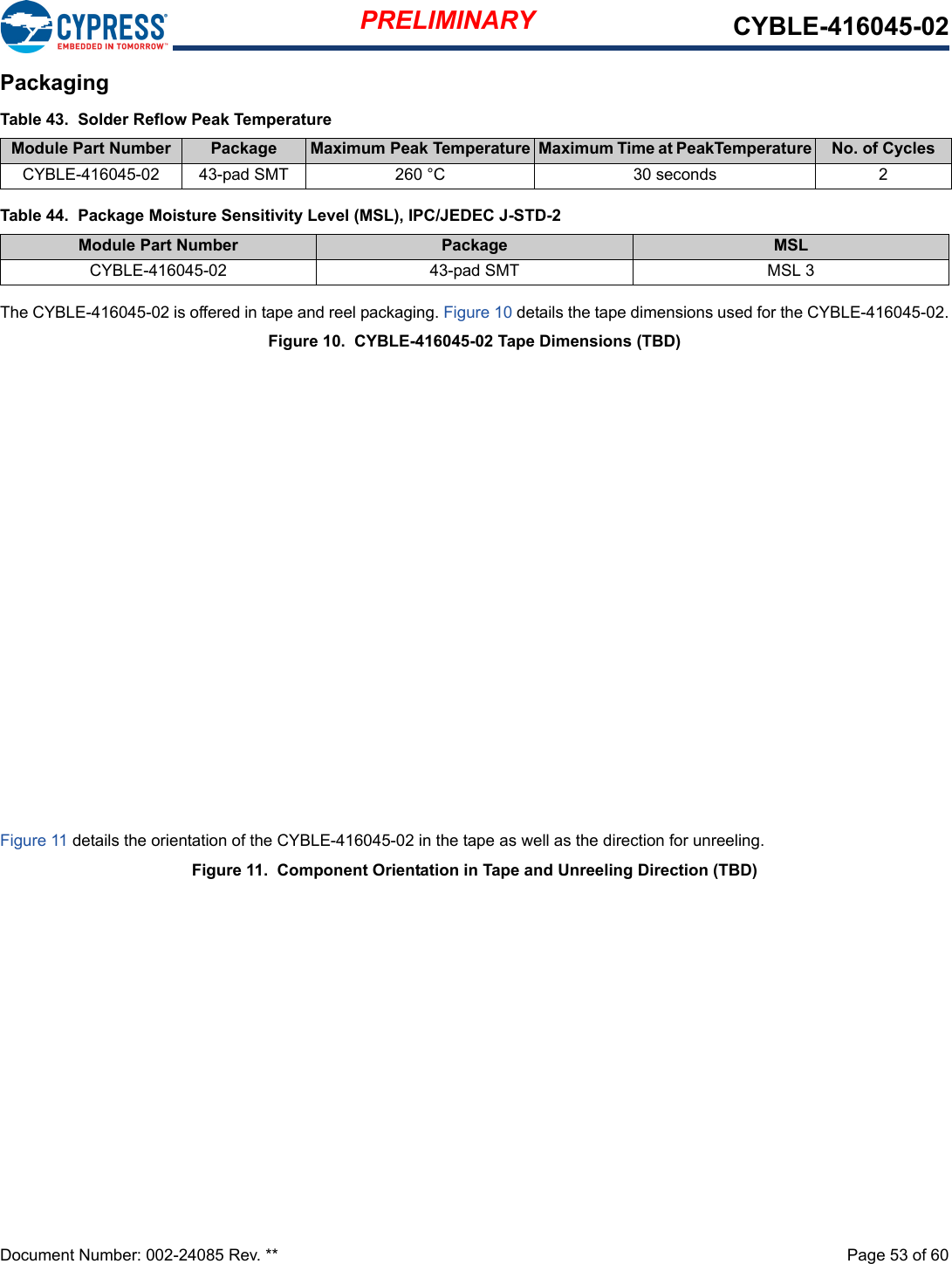 PRELIMINARY CYBLE-416045-02Document Number: 002-24085 Rev. **  Page 53 of 60PackagingThe CYBLE-416045-02 is offered in tape and reel packaging. Figure 10 details the tape dimensions used for the CYBLE-416045-02.Figure 10.  CYBLE-416045-02 Tape Dimensions (TBD)Figure 11 details the orientation of the CYBLE-416045-02 in the tape as well as the direction for unreeling.Figure 11.  Component Orientation in Tape and Unreeling Direction (TBD)Table 43.  Solder Reflow Peak TemperatureModule Part Number Package  Maximum Peak Temperature Maximum Time at PeakTemperature No. of CyclesCYBLE-416045-02 43-pad SMT 260 °C 30 seconds 2Table 44.  Package Moisture Sensitivity Level (MSL), IPC/JEDEC J-STD-2Module Part Number Package  MSL CYBLE-416045-02 43-pad SMT MSL 3