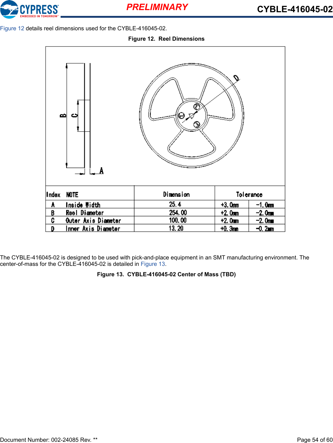 PRELIMINARY CYBLE-416045-02Document Number: 002-24085 Rev. **  Page 54 of 60Figure 12 details reel dimensions used for the CYBLE-416045-02.Figure 12.  Reel DimensionsThe CYBLE-416045-02 is designed to be used with pick-and-place equipment in an SMT manufacturing environment. The center-of-mass for the CYBLE-416045-02 is detailed in Figure 13.Figure 13.  CYBLE-416045-02 Center of Mass (TBD)